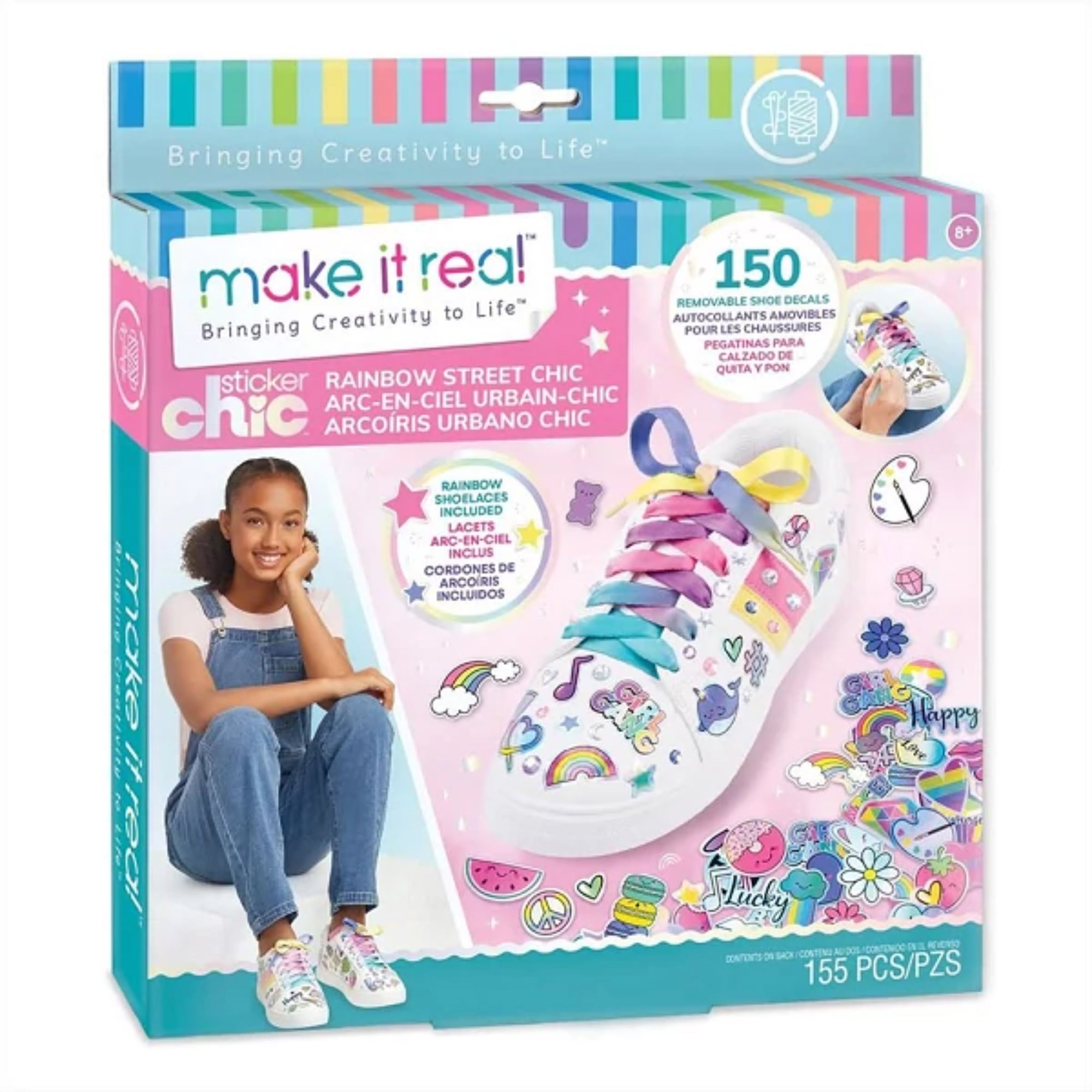 Make It Real Sticker Chic – Rainbow Street Chic cipőmatrica készlet színes dobozban, 150 matrica és szivárványszínű cipőfűzők bemutatásával.