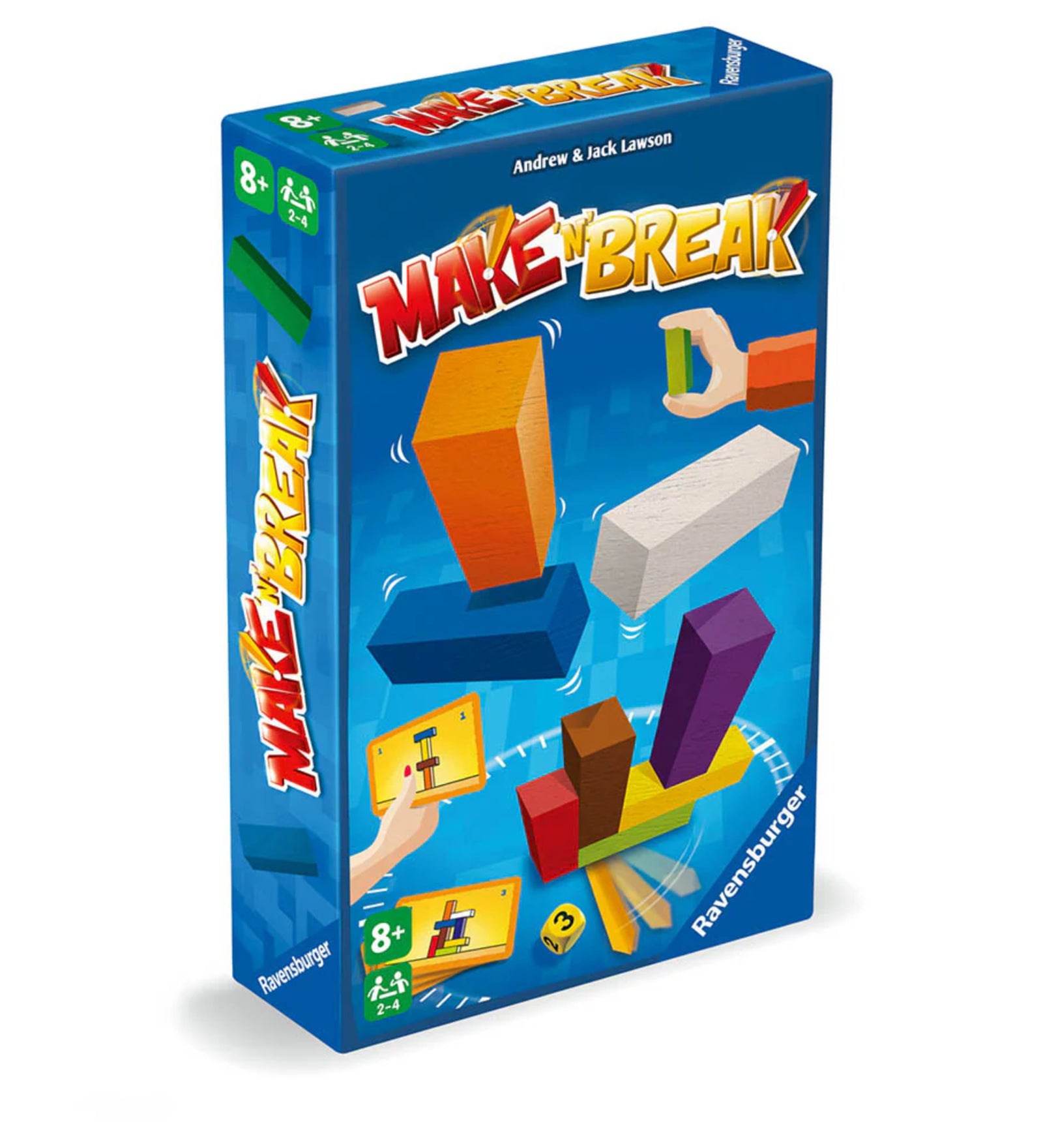 A képen a „Make 'n' Break” építőjáték doboza látható, amelyben színes, különböző méretű faelemekkel kell gyorsaságra és ügyességre építeni. A doboz dizájnja lendületes és játékos: különböző színű építőkockák lebegnek, egy kéz pedig éppen egy elemet helyez el. A sarokban látható, hogy a játék 8 éves kortól ajánlott, 2-4 játékos számára, és dobókocka is tartozik hozzá – ez garantálja a változatos kihívásokat.