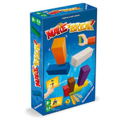 A képen a „Make 'n' Break” építőjáték doboza látható, amelyben színes, különböző méretű faelemekkel kell gyorsaságra és ügyességre építeni. A doboz dizájnja lendületes és játékos: különböző színű építőkockák lebegnek, egy kéz pedig éppen egy elemet helyez el. A sarokban látható, hogy a játék 8 éves kortól ajánlott, 2-4 játékos számára, és dobókocka is tartozik hozzá – ez garantálja a változatos kihívásokat.