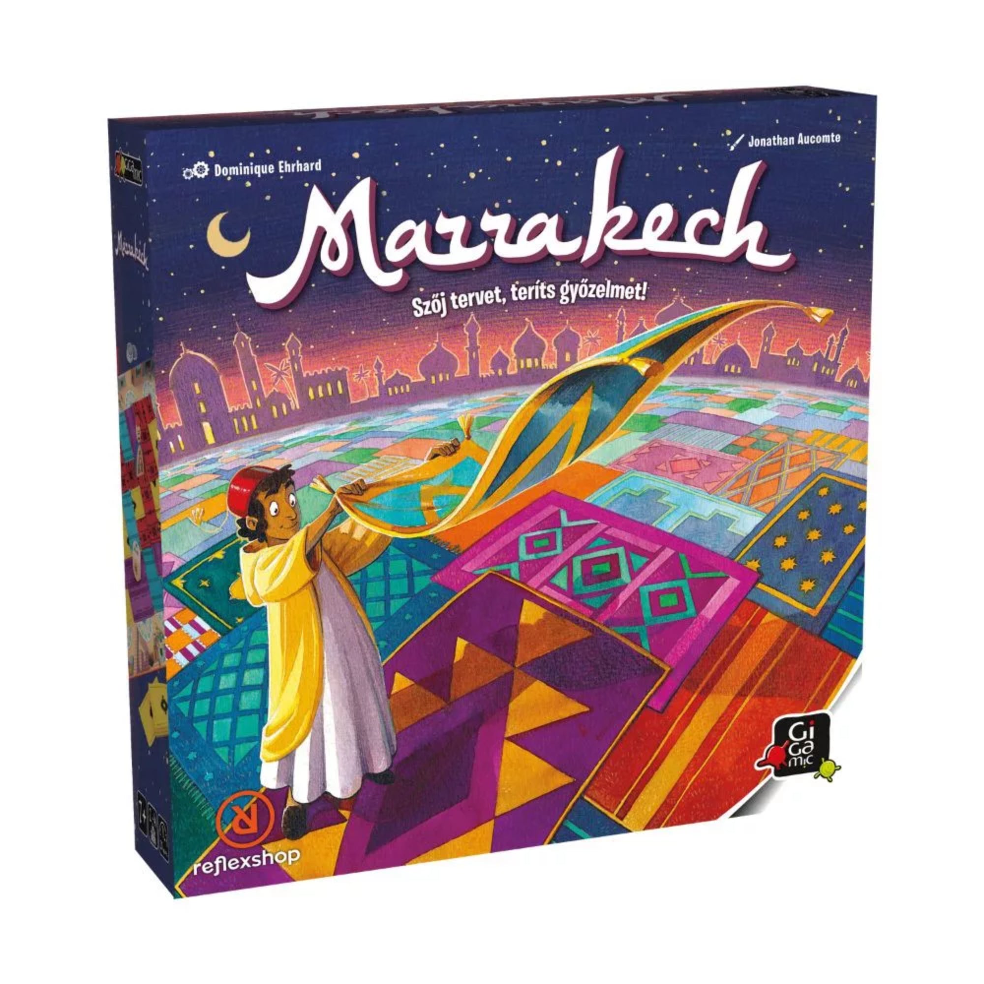 Marrakech társasjáték doboza perspektívából, a borítón szőnyegkereskedő és színes marokkói szőnyegek illusztrációjával.