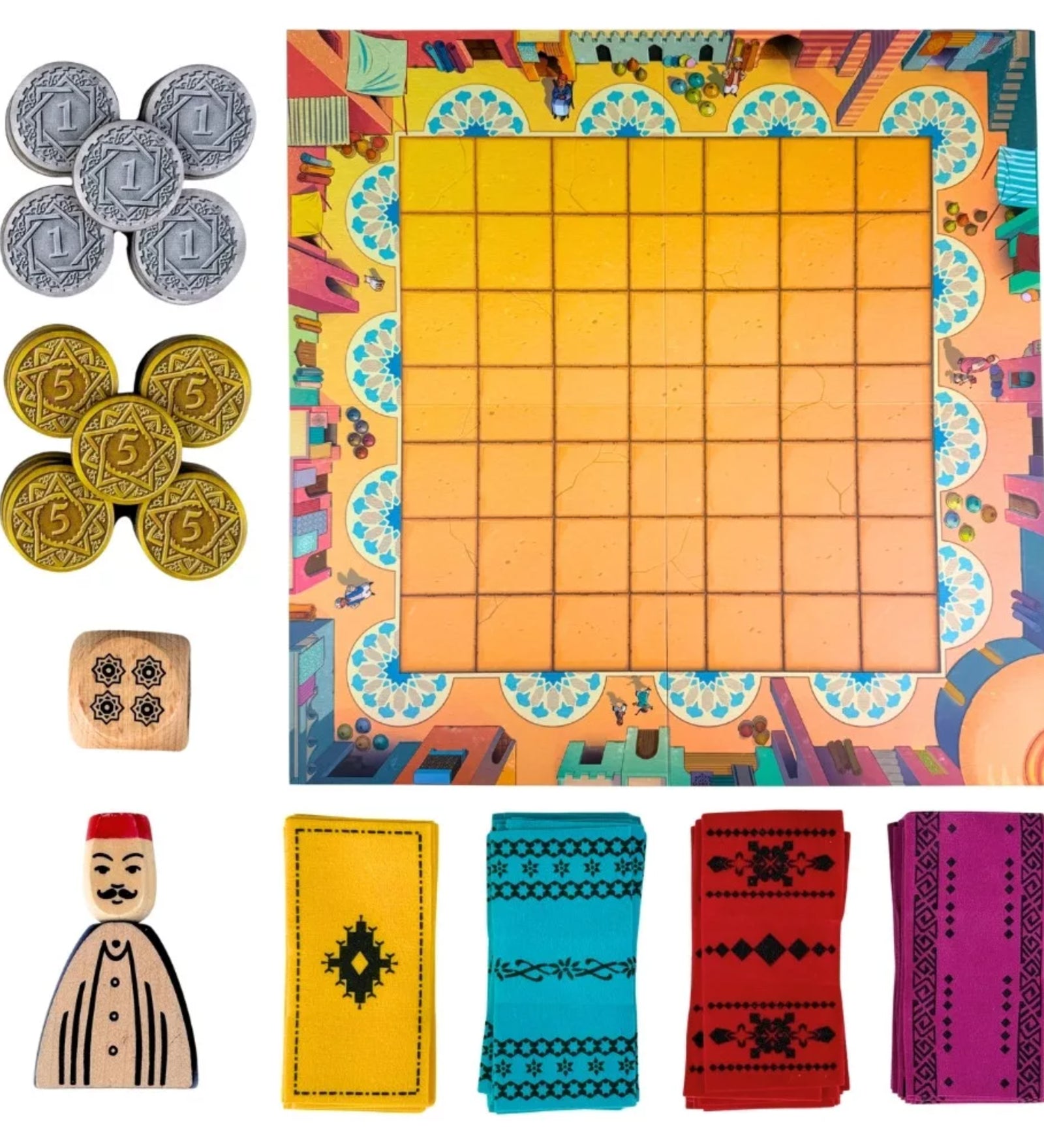 Marrakech társasjáték játékelemei: játéktábla, szőnyeglapkák, pénzérmék, dobókocka és a piacktulajdonos figura.