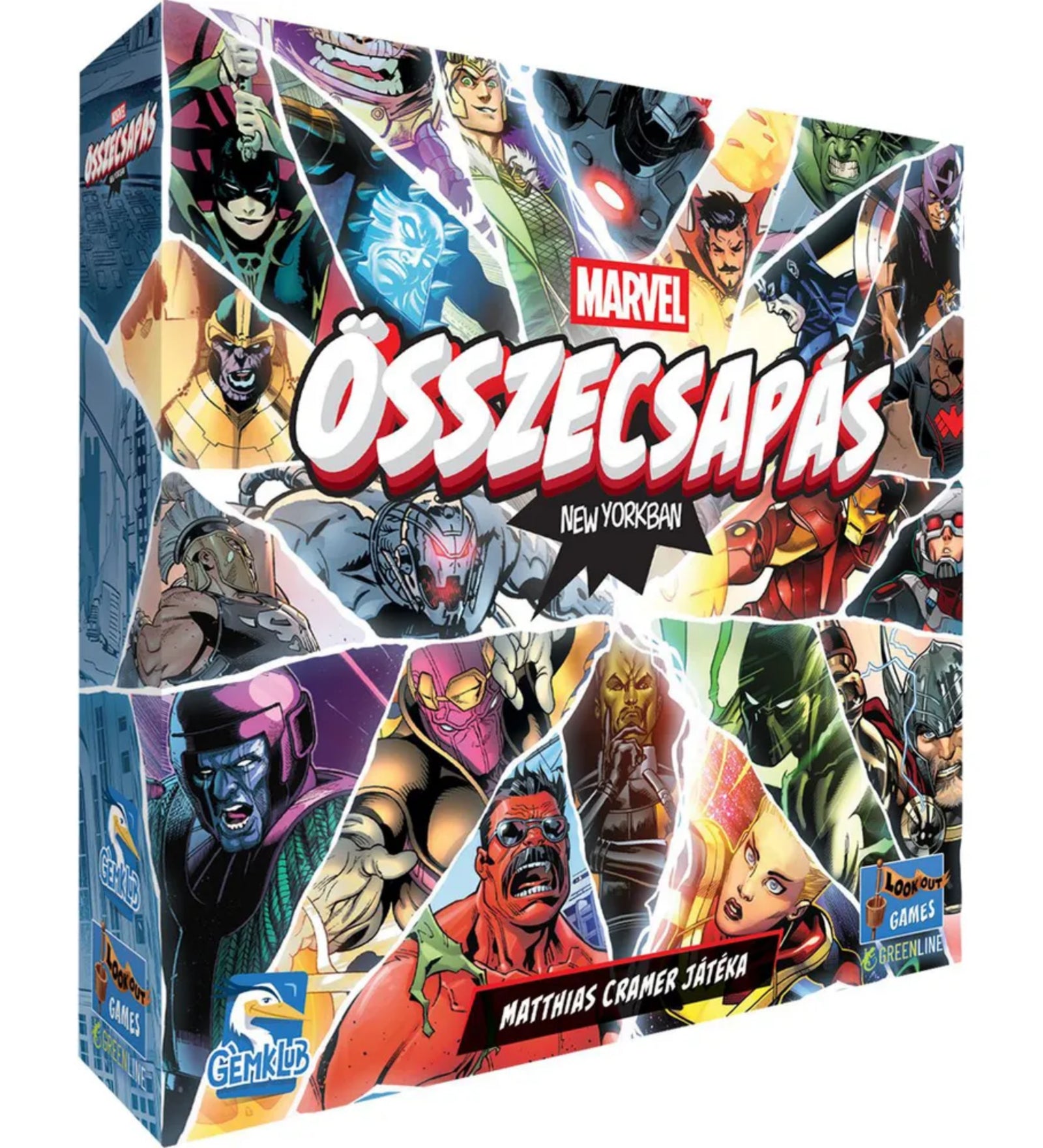 A Marvel Összecsapás: New Yorkban társasjáték doboza, dinamikus képregényes borítóval, amelyen a Marvel univerzum hősei és gonoszai láthatók.