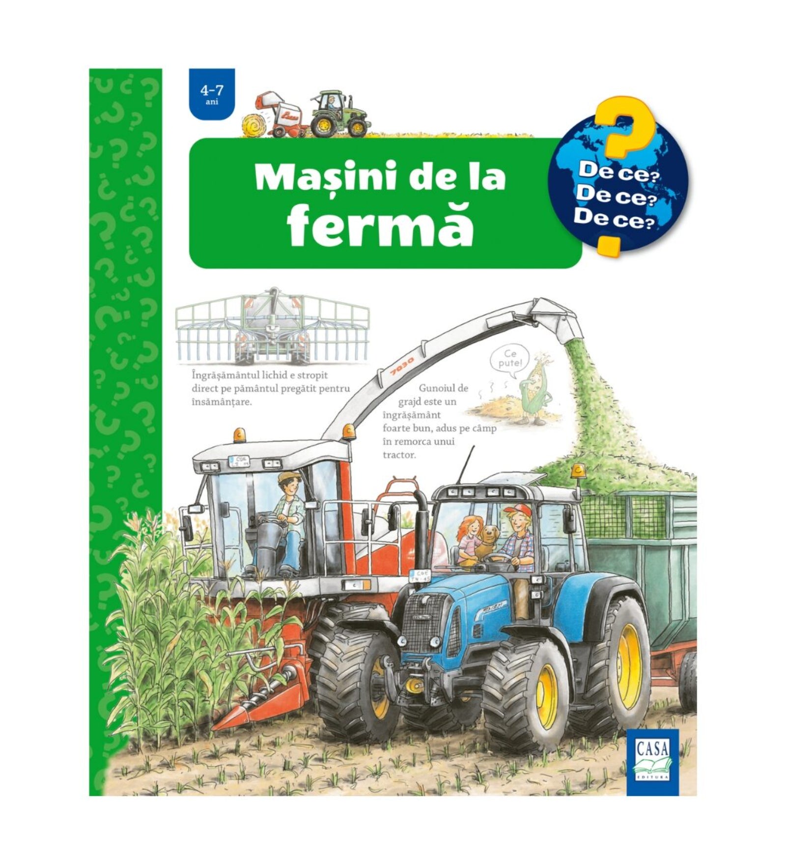 Mașini de la fermă – gyerekkönyv borító, amelyen egy kék traktor és egy nagy betakarítógép dolgozik a kukoricaföldön, pótkocsiba öntve a termést.