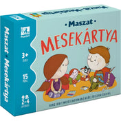 A Maszat Mesekártya társasjáték doboza közelről. Kék színű borítón Maszat és Hóchóc ülnek egymással szemben, körülöttük mesefigurák. A dobozon látható: 3+ éveseknek, 2–4 játékos, 15 perces játékidő.