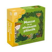 A Maszat és az elveszett plüssök társasjáték doboza, Pagony kiadásban. A zöld borítón Maszat látható, amint az erdőben kutat elveszett plüss barátai után. Körülötte levelek, gombák és kis állatok veszik körül. A doboz sárga szegélyén a játék adatai: 3–7 éves korosztálynak, 1–4 játékos részére, kb. 20 perces játékidő. Vidám, gyerekbarát illusztráció jellemzi.