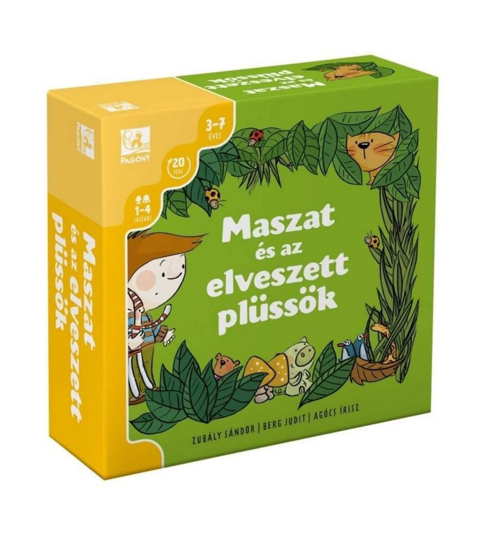 A Maszat és az elveszett plüssök társasjáték doboza, Pagony kiadásban. A zöld borítón Maszat látható, amint az erdőben kutat elveszett plüss barátai után. Körülötte levelek, gombák és kis állatok veszik körül. A doboz sárga szegélyén a játék adatai: 3–7 éves korosztálynak, 1–4 játékos részére, kb. 20 perces játékidő. Vidám, gyerekbarát illusztráció jellemzi.