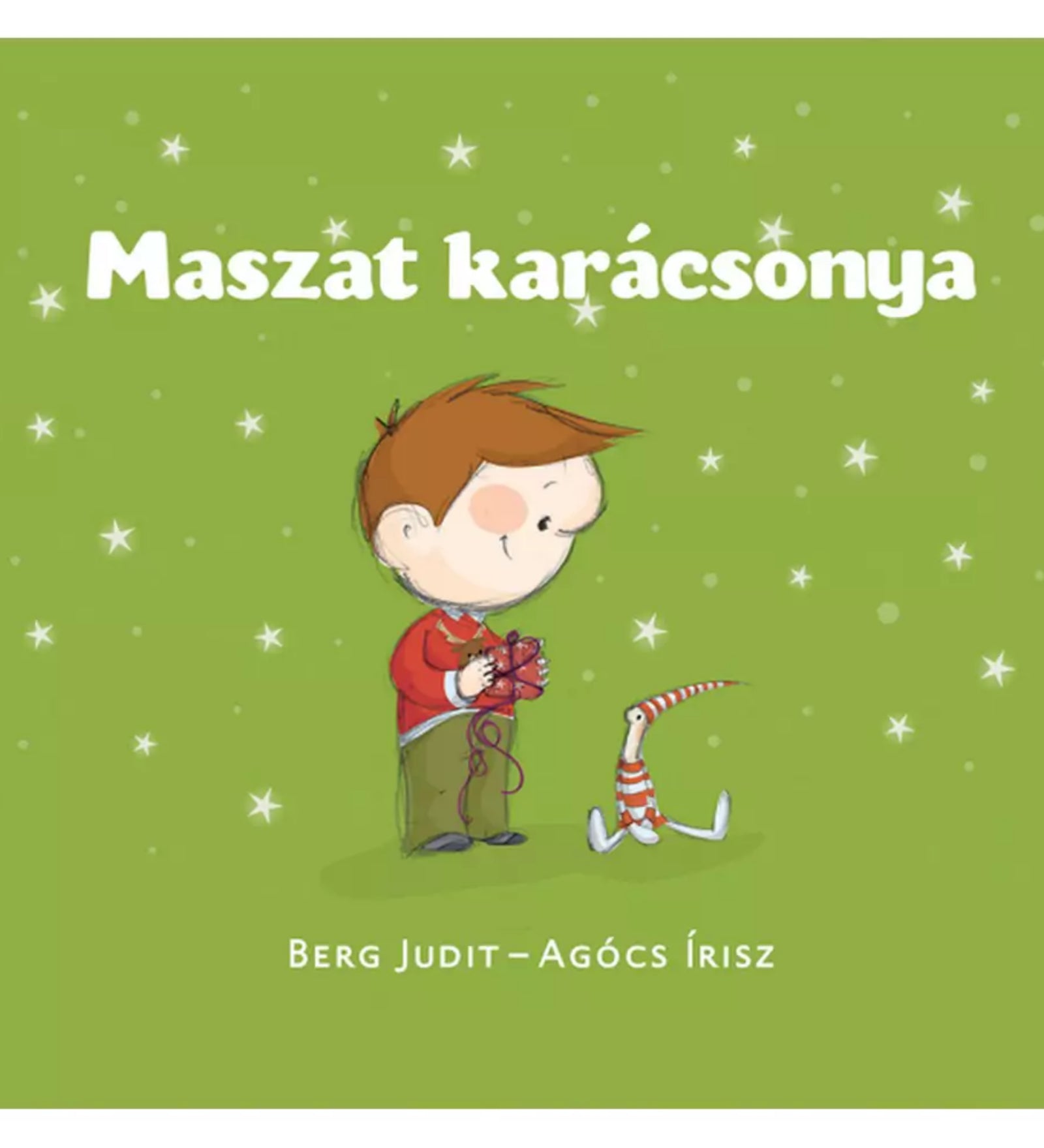 A Maszat karácsonya gyerekkönyv borítója, Berg Judit és Agócs Írisz illusztrációjával. Zöld háttér előtt Maszat piros pulóverben ajándékot csomagol, mellette Hóchóc ül. A csillagokkal díszített borító meghitt, ünnepi hangulatot áraszt.