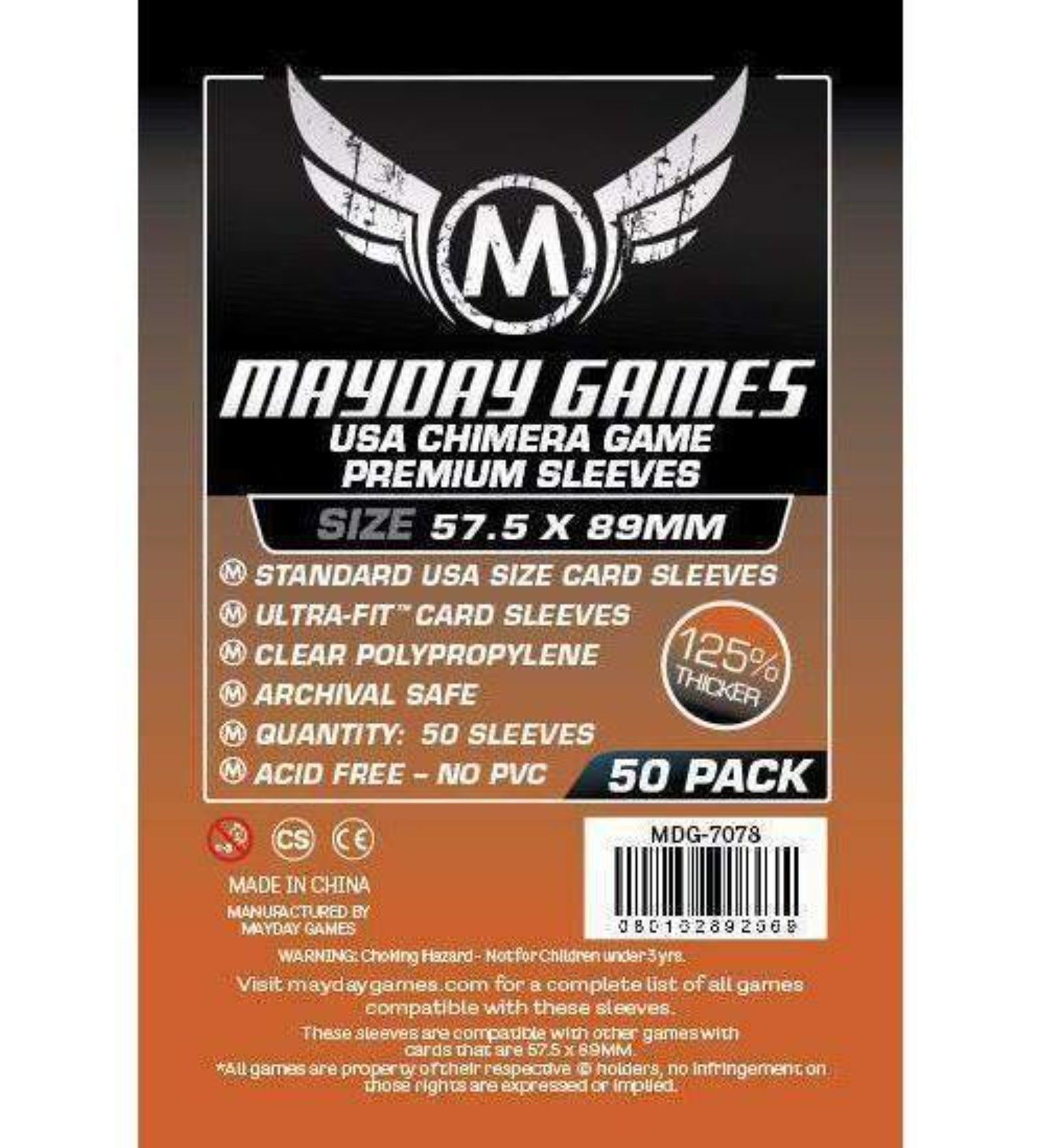 Mayday Games USA Chimera Game Premium Sleeves (57,5x89 mm) – 50 db prémium, 125%-kal vastagabb standard USA méretű kártyavédő csomagolás, Ultra-Fit kialakítással, savmentes és PVC-mentes kivitelben.
