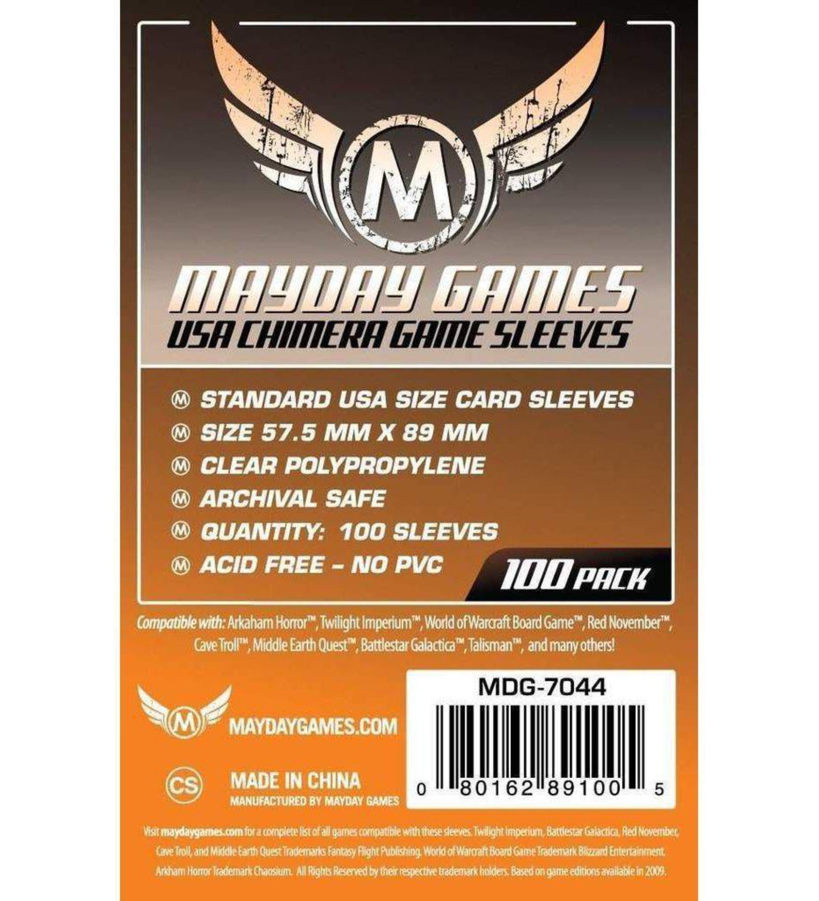 Mayday Games USA Chimera Game Sleeves (57,5x89 mm) – 100 db standard USA méretű kártyavédő csomagolás, átlátszó polipropilén anyagból, savmentes és PVC-mentes kivitelben, 100 darabos kiszerelésben.