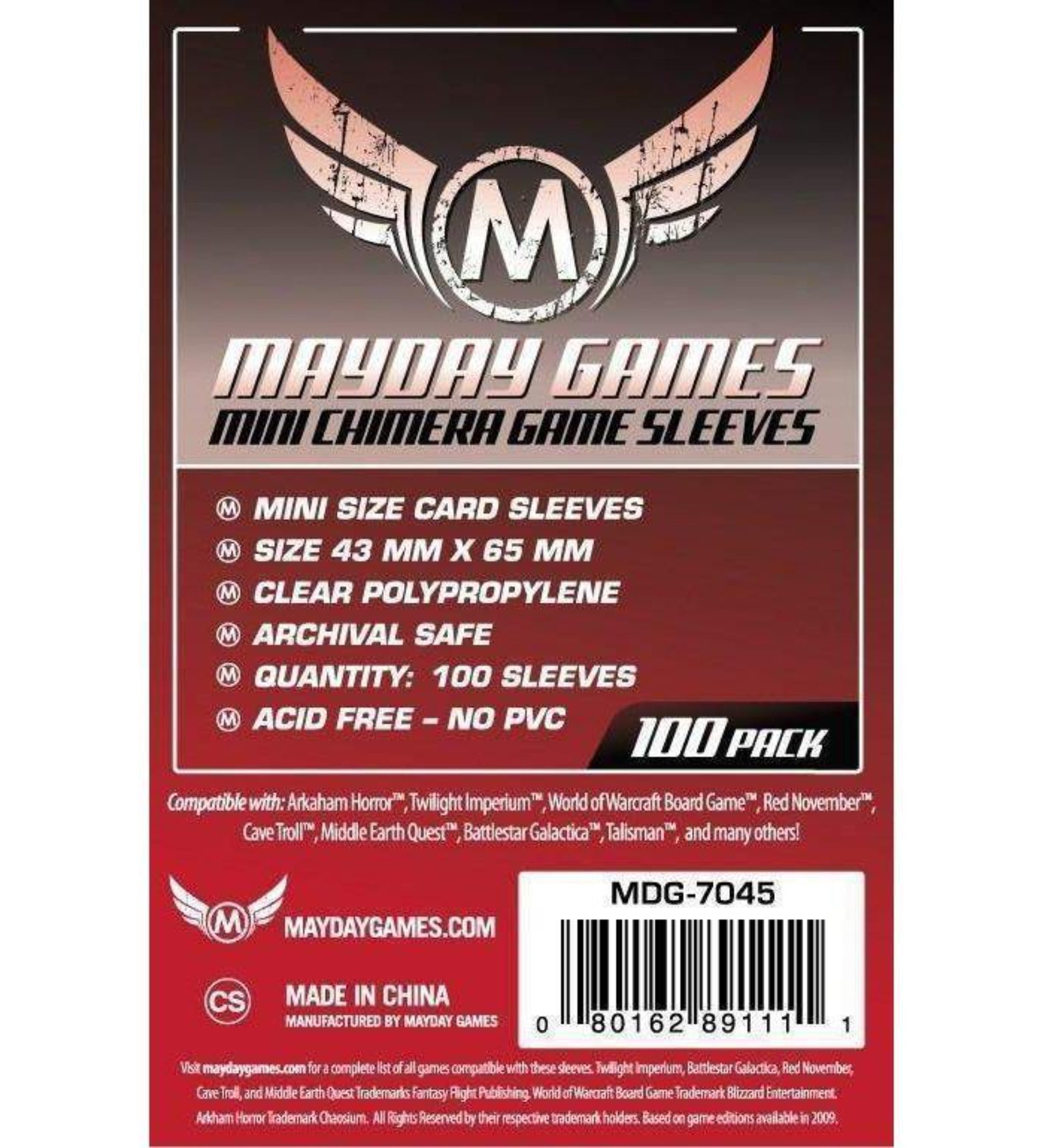Mayday Games Mini Chimera Game Sleeves (43x65 mm) – 100 db mini méretű kártyavédő csomagolás, átlátszó polipropilén anyagból, savmentes és PVC-mentes kivitelben, 100 darabos kiszerelésben.