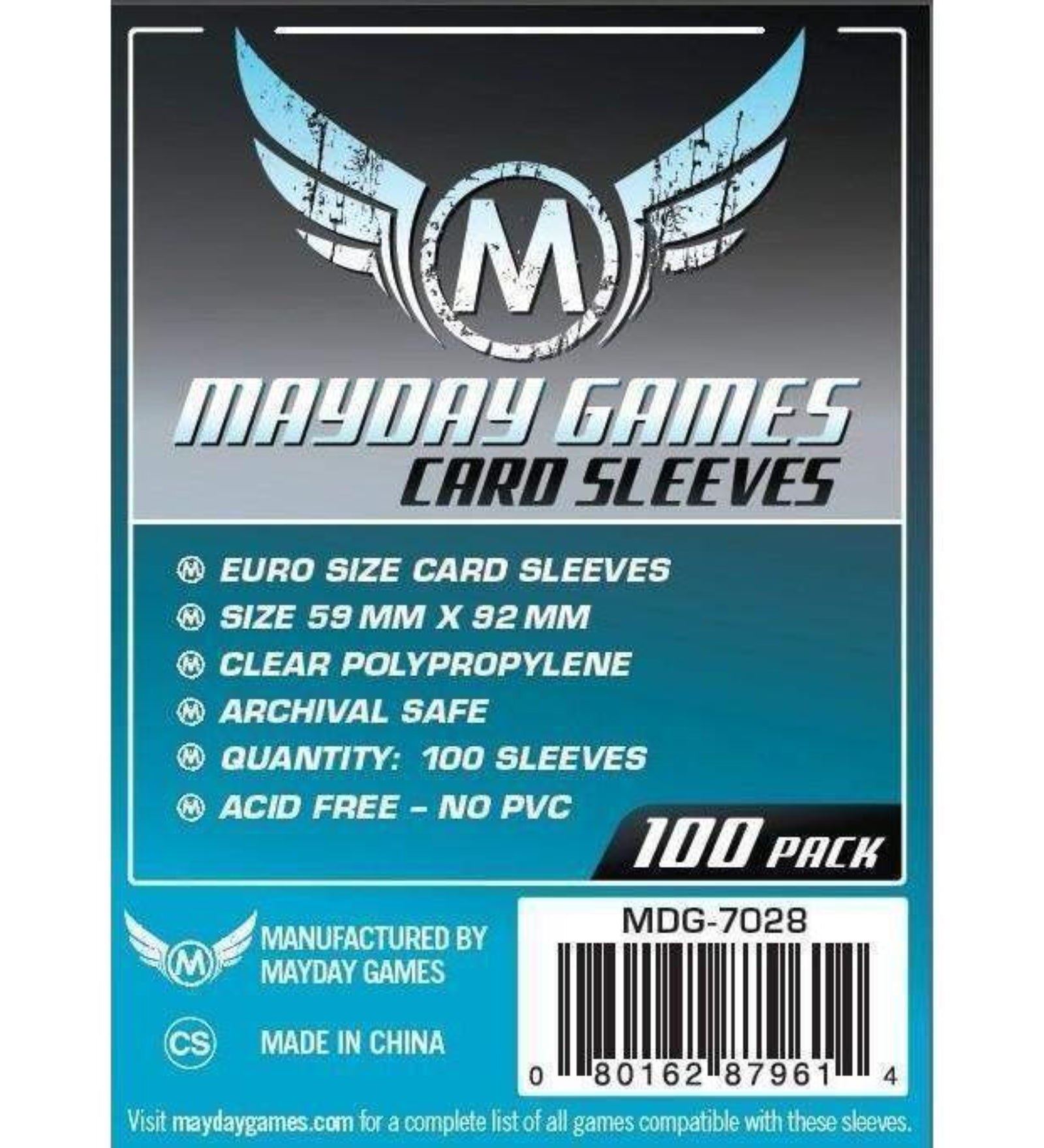 Mayday Games Euro 59x92 mm kártyavédő (100 db) – átlátszó, savmentes, PVC-mentes euro méretű tasak társasjáték kártyák védelmére.
