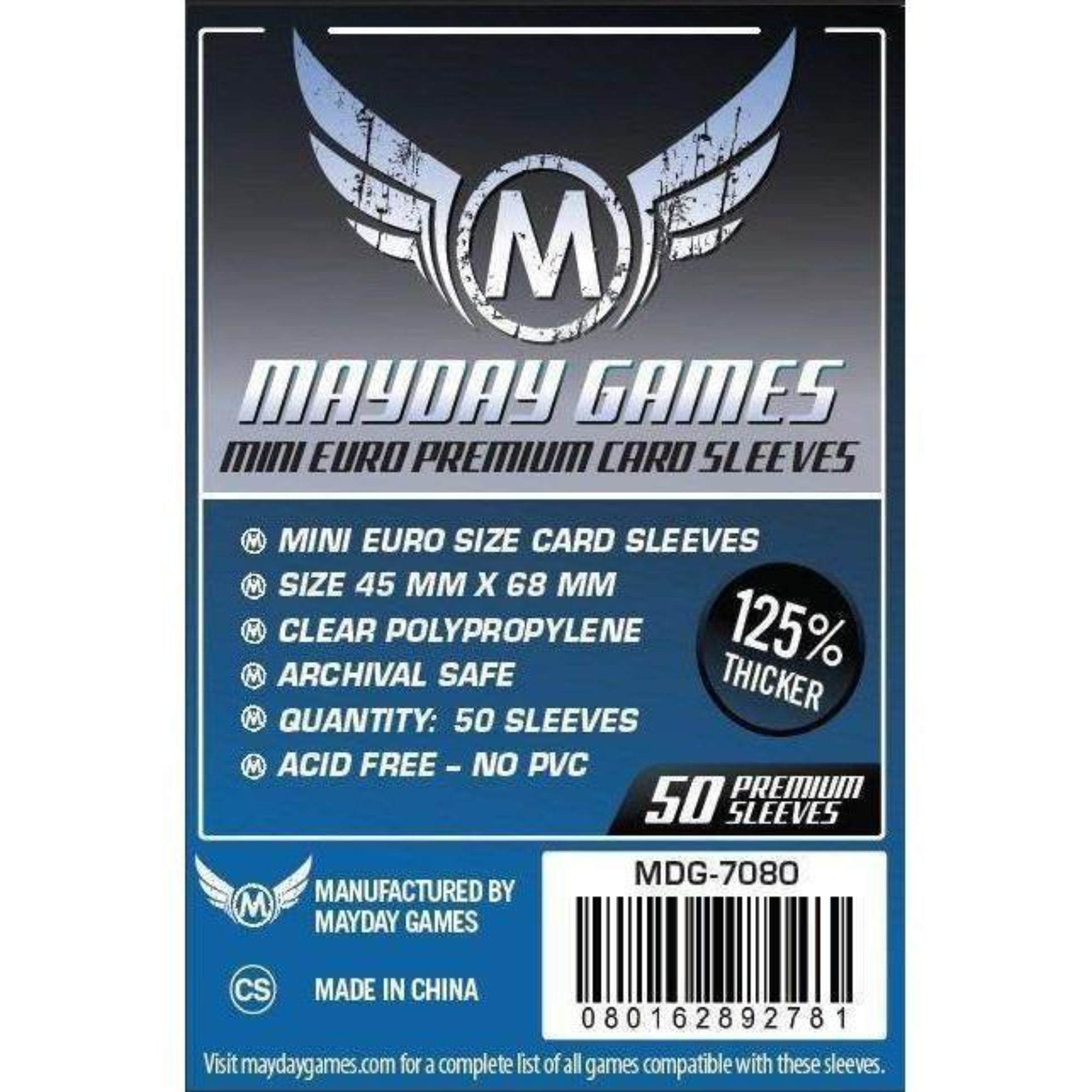 Mayday Games Mini Euro Premium Card Sleeves (45x68 mm) – 50 db prémium, 125%-kal vastagabb mini euro méretű kártyavédő csomagolás, átlátszó polipropilén anyagból, savmentes és PVC-mentes kivitelben.