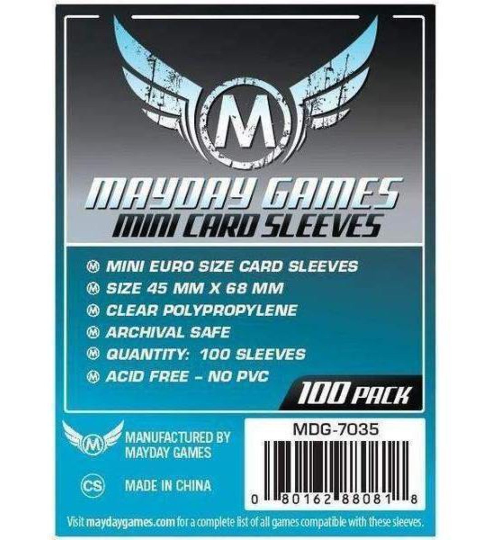 Mayday Games Mini Euro Size Card Sleeves (45x68 mm) – 100 db-os csomag kártyavédő csomagolás, átlátszó polipropilén, savmentes, PVC-mentes mini euro méretű védőtasakokkal, 100 pack kiszerelésben.