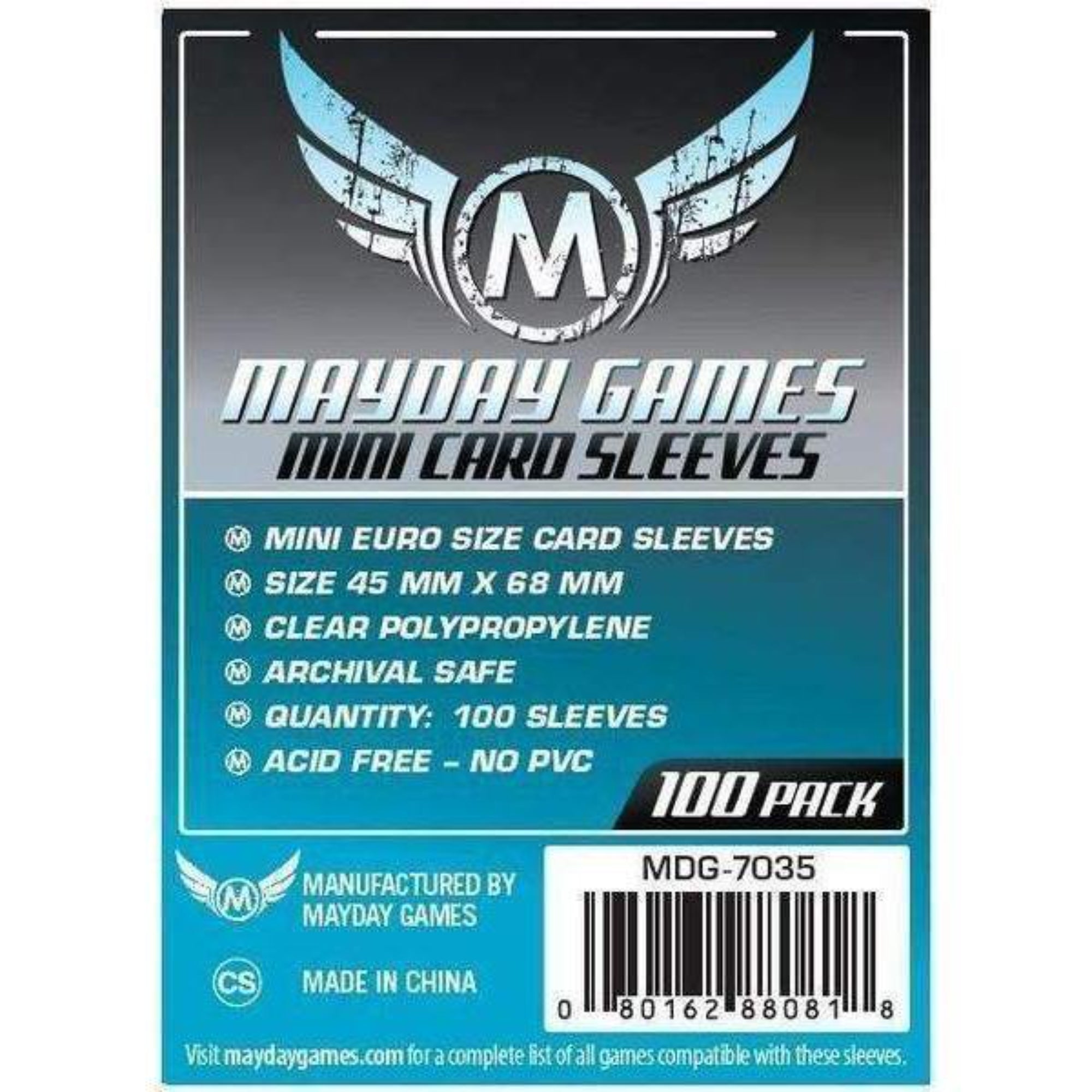 Mayday Games Mini Euro Size Card Sleeves (45x68 mm) – 100 db-os csomag kártyavédő csomagolás, átlátszó polipropilén, savmentes, PVC-mentes mini euro méretű védőtasakokkal, 100 pack kiszerelésben.