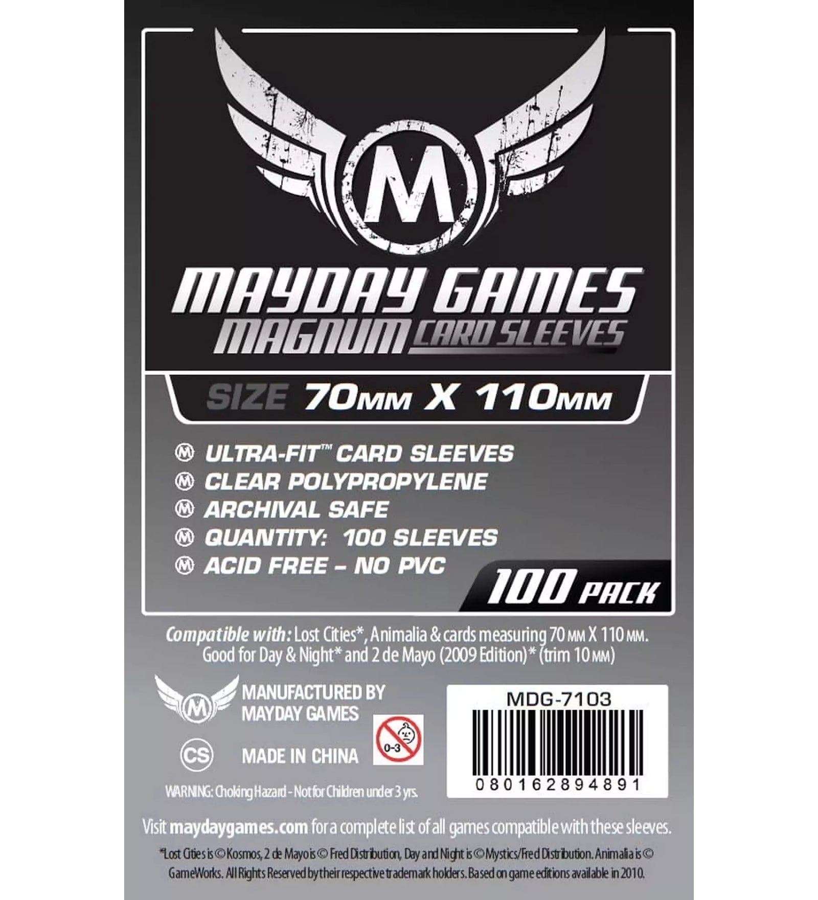 Mayday Games Magnum kártyavédő csomag 70x110 mm-es méretben, fekete csomagolással és részletes termékinformációval.