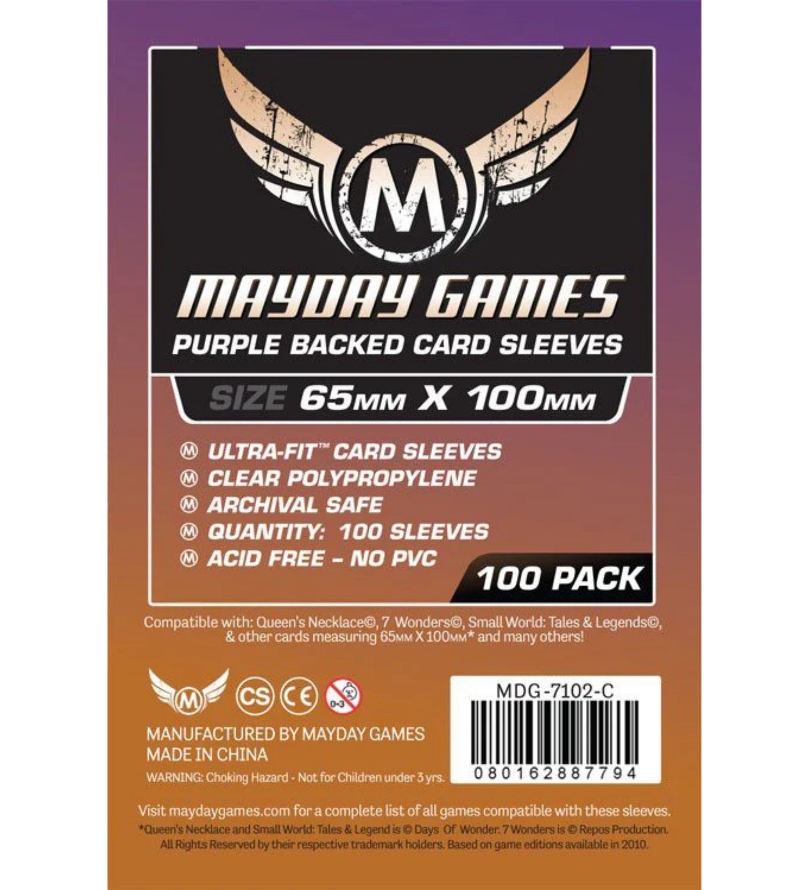 Mayday Games Purple Backed Card Sleeves (65x100 mm) – 100 db lila hátoldalú, Ultra-Fit kártyavédő csomag, átlátszó polipropilén előlappal, savmentes és PVC-mentes kivitelben, 100 darabos kiszerelésben.