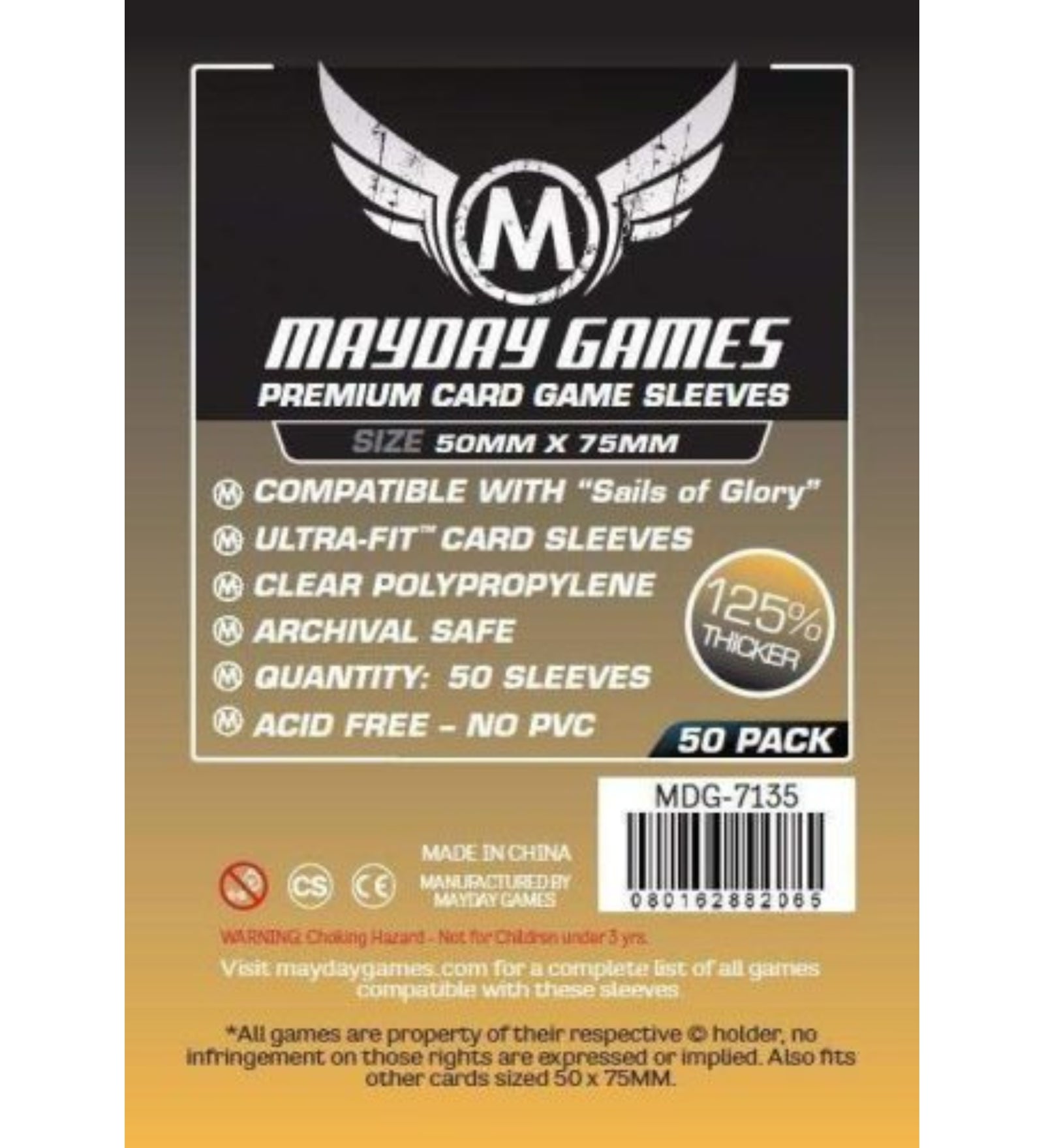 Mayday Games Premium Card Game Sleeves – Sails of Glory (50x75 mm) – 50 db 125%-kal vastagabb Ultra-Fit prémium kártyavédő csomagolás, átlátszó polipropilén, savmentes és PVC-mentes kivitelben.