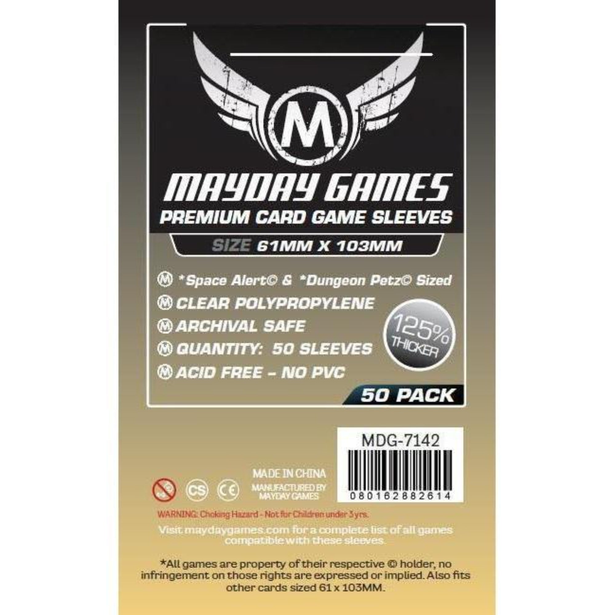 Mayday Games Premium Card Game Sleeves – Space Alert & Dungeon Petz (61x103 mm) – 50 db 125%-kal vastagabb prémium kártyavédő csomagolás, átlátszó polipropilén, savmentes és PVC-mentes kivitelben.