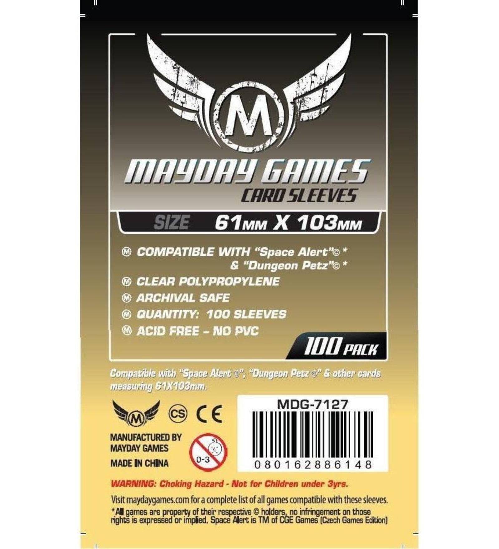 Mayday Games Card Sleeves – Space Alert & Dungeon Petz (61x103 mm) – 100 db kártyavédő csomagolás, átlátszó polipropilén anyagból, savmentes és PVC-mentes kivitelben, 100 darabos kiszerelésben.