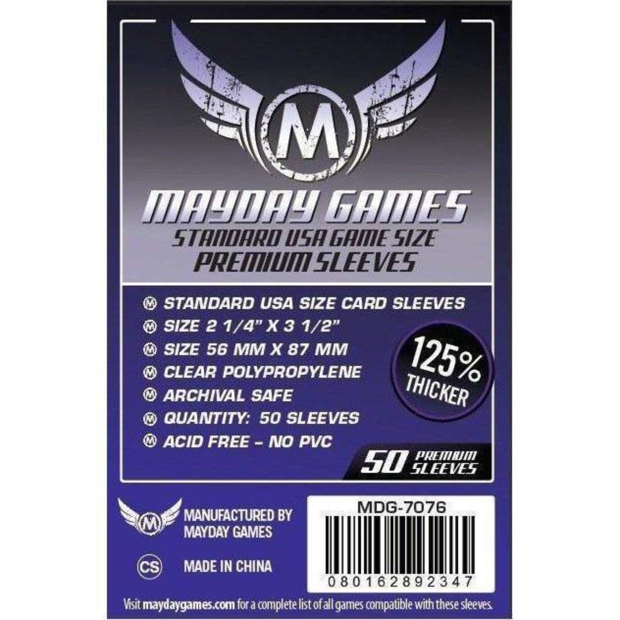 Mayday Games Standard USA Game Size Premium Sleeves (56x87 mm) – 50 db prémium, 125%-kal vastagabb standard USA méretű kártyavédő csomagolás, átlátszó polipropilén, savmentes és PVC-mentes kivitelben.