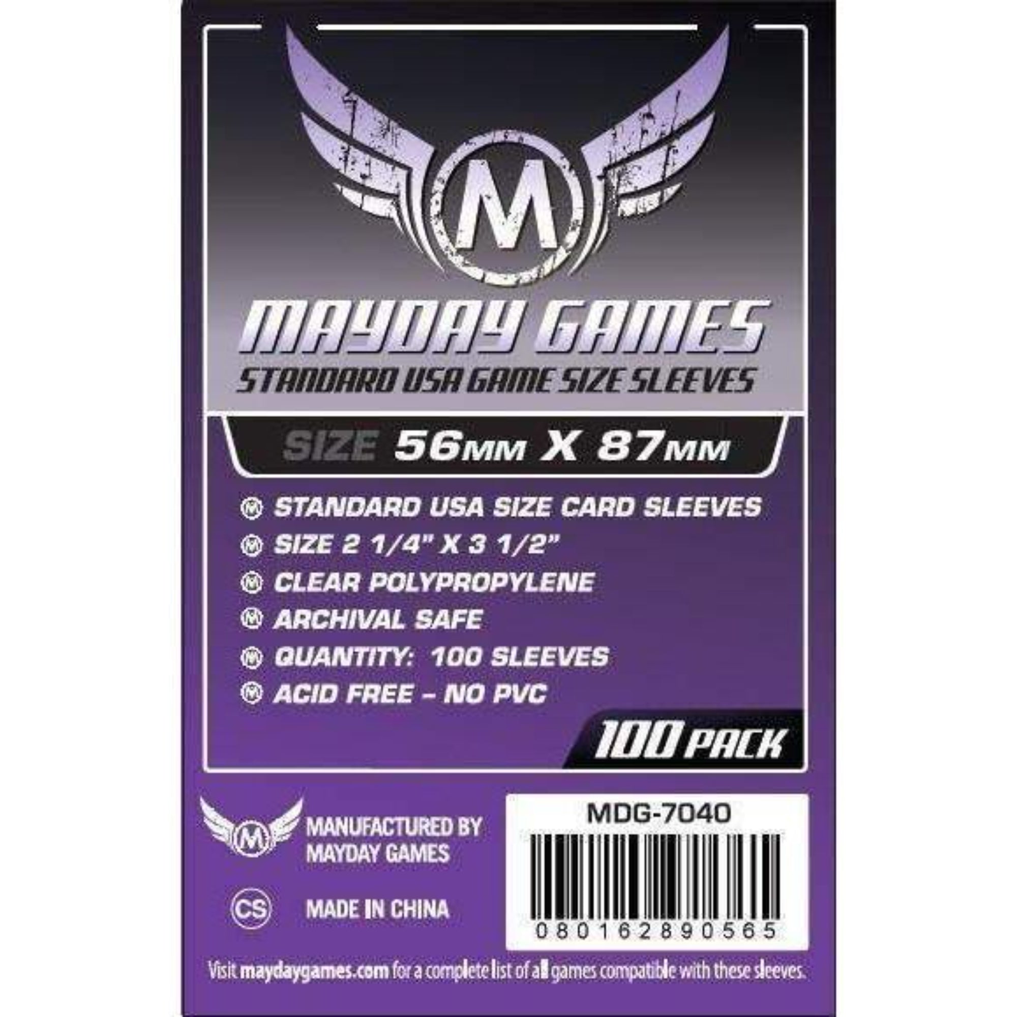 Mayday Games Standard USA Game Size Sleeves (56x87 mm) – 100 db kártyavédő csomagolás, átlátszó polipropilén, savmentes és PVC-mentes standard USA méretű védőtasakokkal, 100 pack kiszerelésben.