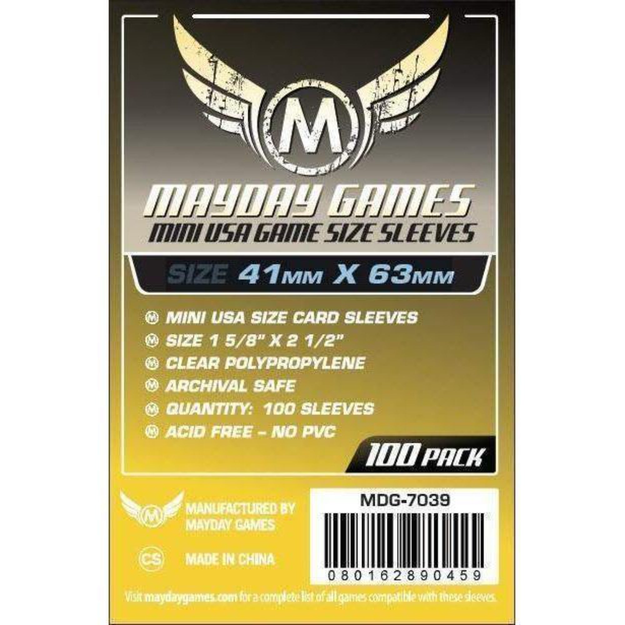 Mayday Games Mini USA Game Size Sleeves (41x63 mm) – 100 db mini USA méretű kártyavédő csomagolás, átlátszó polipropilén anyagból, savmentes és PVC-mentes kivitelben, 100 darabos kiszerelésben.