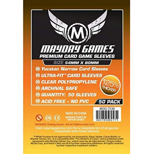 Mayday Yucatan Narrow Premium kártyavédő 50 db 54x80 mm csomagolás hátoldala, narancssárga dizájnnal, termékinformációkkal és vonalkóddal.