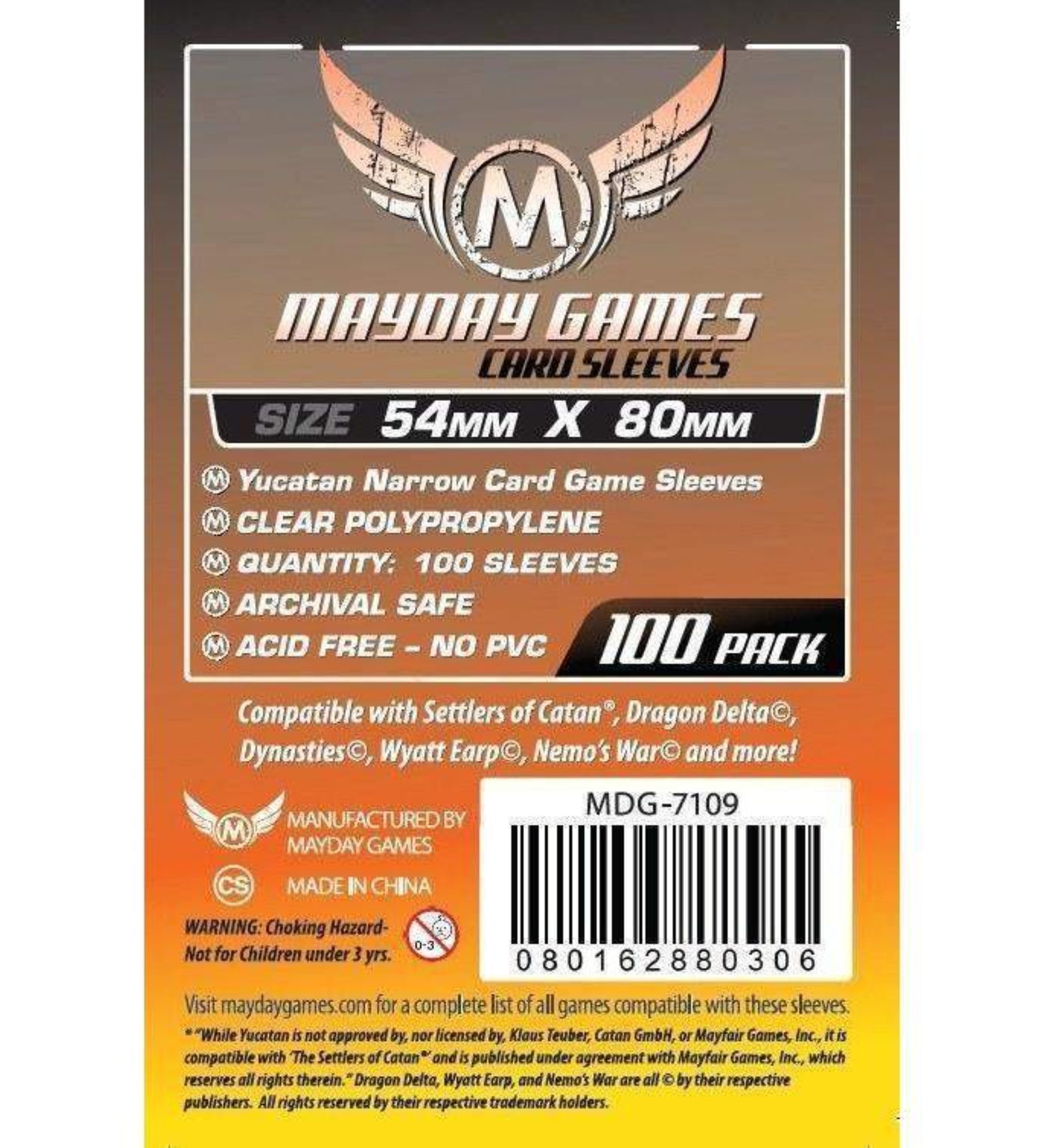 Mayday Games Yucatan Narrow Card Sleeves (54x80 mm) – 100 db keskeny méretű kártyavédő csomagolás, átlátszó polipropilén anyagból, savmentes és PVC-mentes kivitelben, 100 darabos kiszerelésben.
