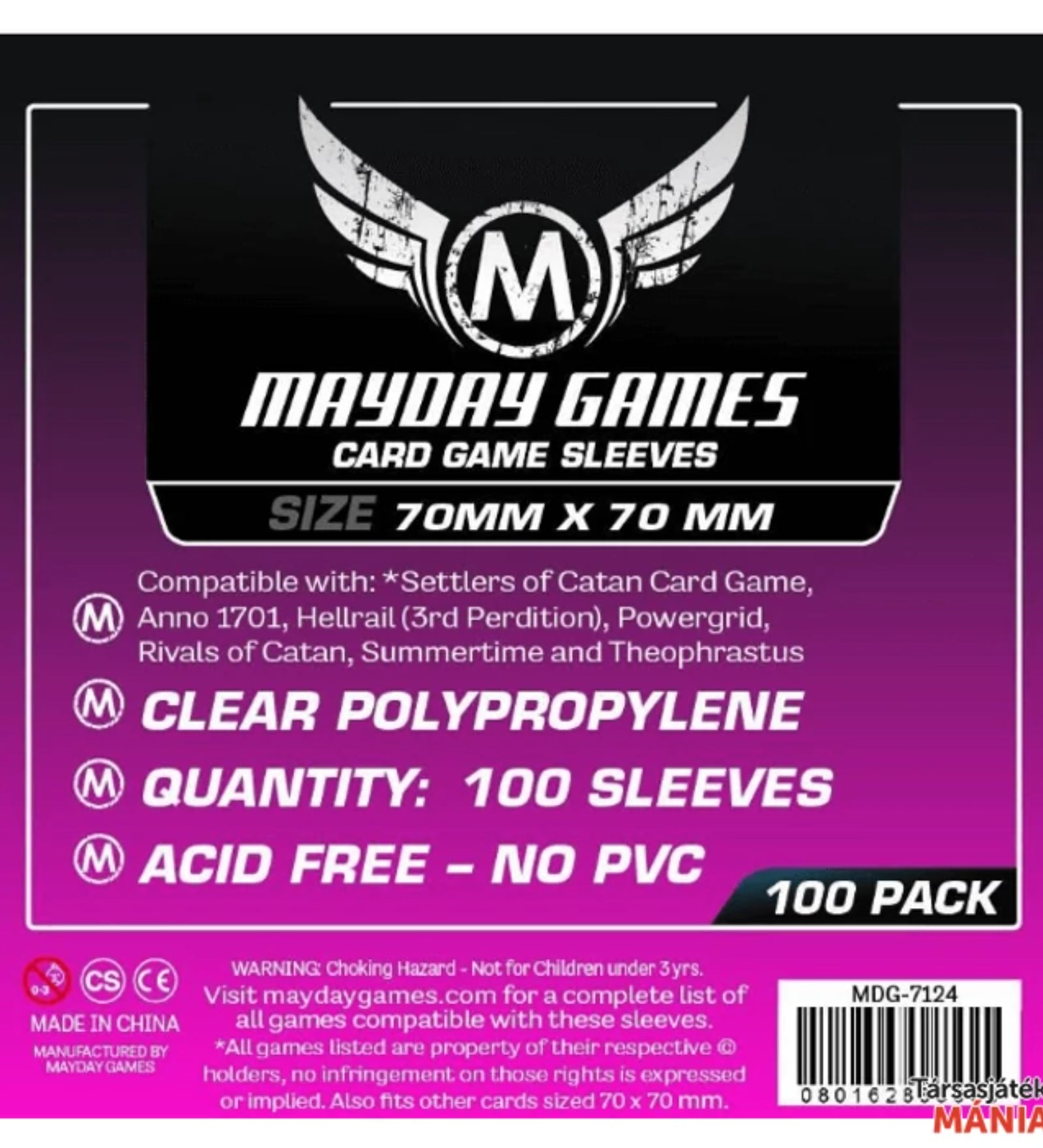 Mayday Games – 70×70 mm kártyavédő fólia csomag előlapja, 100 darab átlátszó, savmentes, PVC-mentes tok, Catan és más társasjátékokhoz kompatibilis.