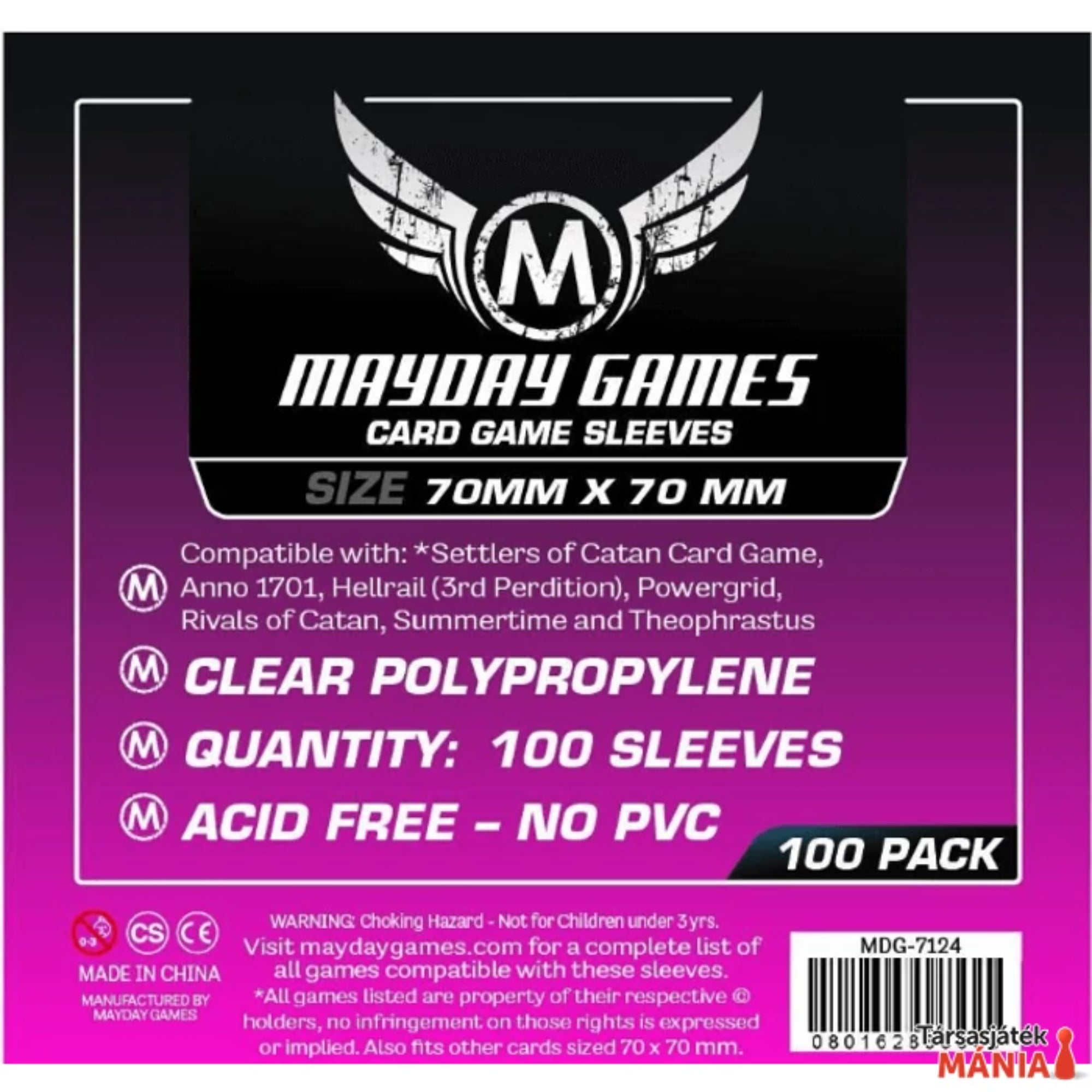 Mayday Games – 70×70 mm kártyavédő fólia csomag előlapja, 100 darab átlátszó, savmentes, PVC-mentes tok, Catan és más társasjátékokhoz kompatibilis.