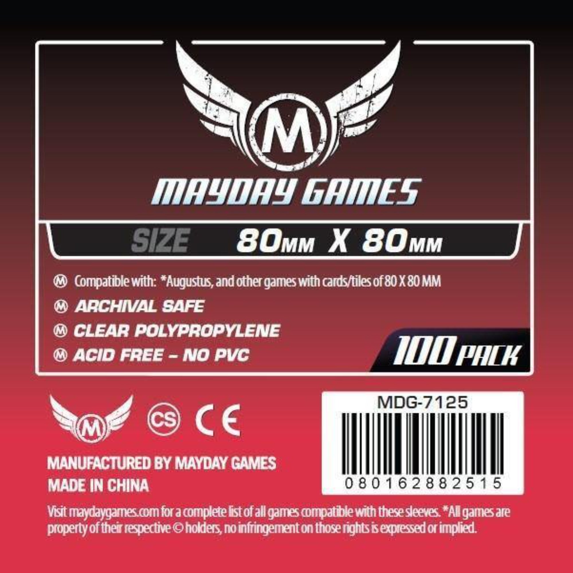 Mayday Games 80x80 mm kártyavédő fólia (100 db) – átlátszó, savmentes, PVC-mentes, archív minőségű tasak négyzet alakú lapokhoz és kártyákhoz.