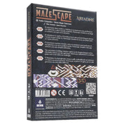 A Mazescape: Ariadne társasjáték dobozának hátoldala, többnyelvű rövid játékleírással, ikonos információkkal és díszítő mintákkal.