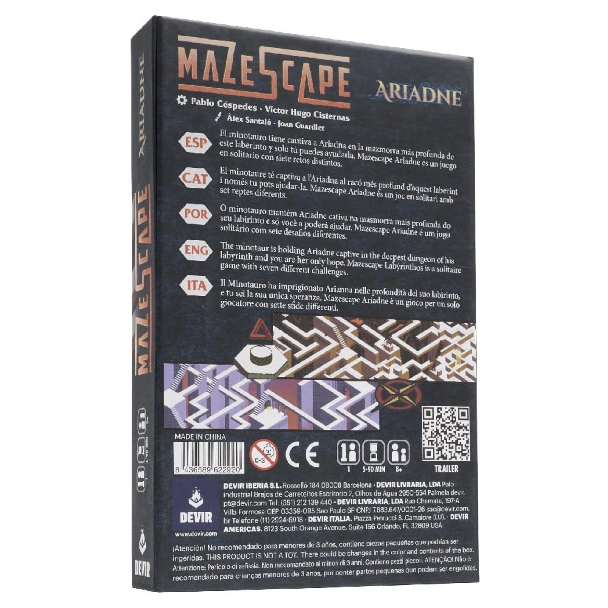 A Mazescape: Ariadne társasjáték dobozának hátoldala, többnyelvű rövid játékleírással, ikonos információkkal és díszítő mintákkal.
