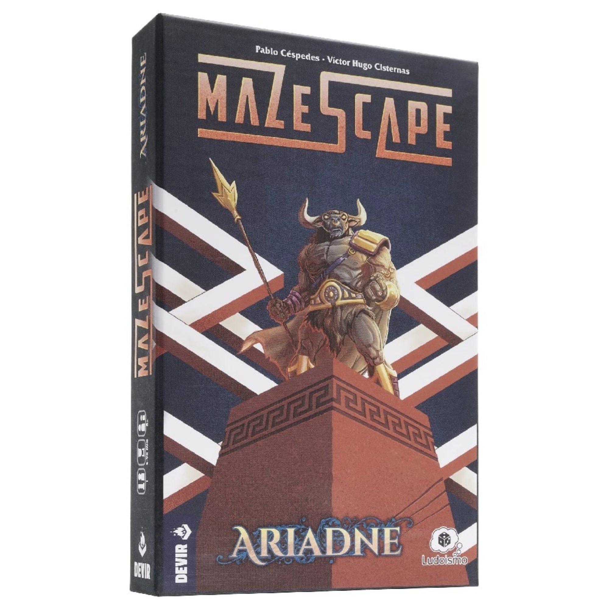 A Mazescape: Ariadne társasjáték doboza, rajta egy díszes szobortalapzaton álló minótaurosz alakjával és geometrikus mintákkal a háttérben.