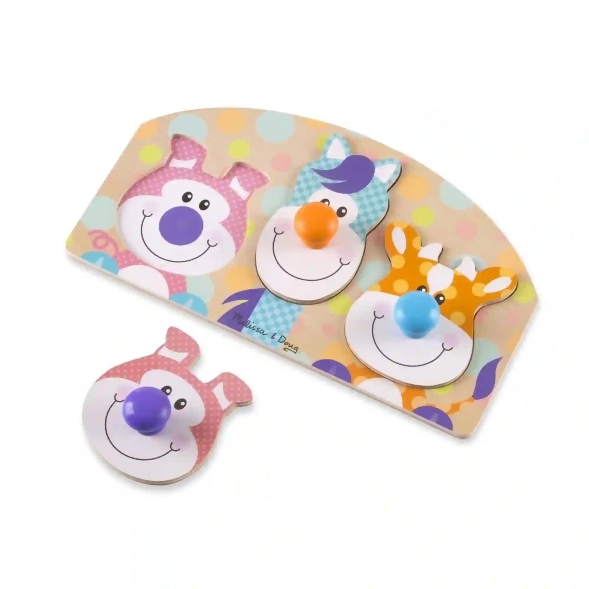 Melissa & Doug First Play farm óriás gombos puzzle darabokkal, ahol a levehető állatfej elemek és a fa alaplap külön is látható.