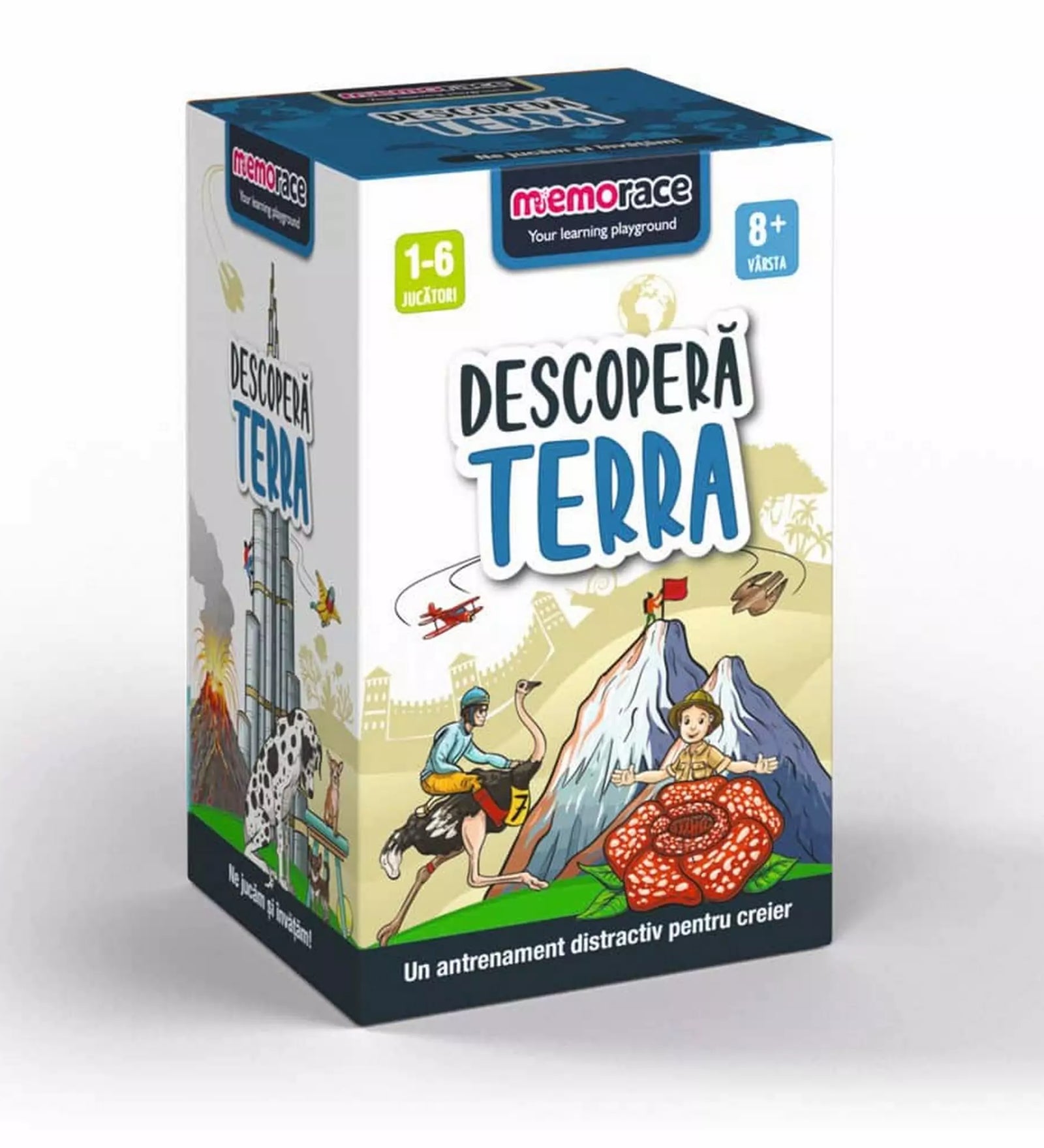 Memorace - Descoperă Terra: A doboz frontja, a "Descoperă Terra" című ismeretterjesztő kártyajáték csomagolásán.