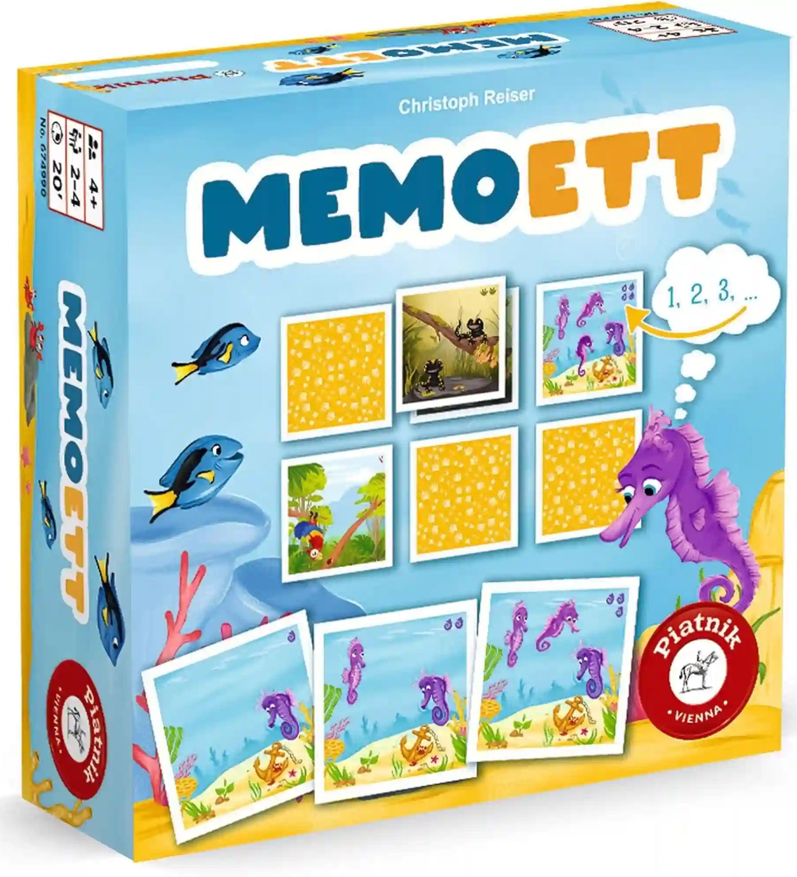 A Memoett memóriajáték játéka előkészítve: a sárga hátoldalú memória-kártyák rácsban elhelyezve, néhány felfordított állatos lapkával és több összegyűjtött pár mellettük. A kép jól szemlélteti a memóriafejlesztő játék menetét és a színes, gyermekbarát illusztrációkat.