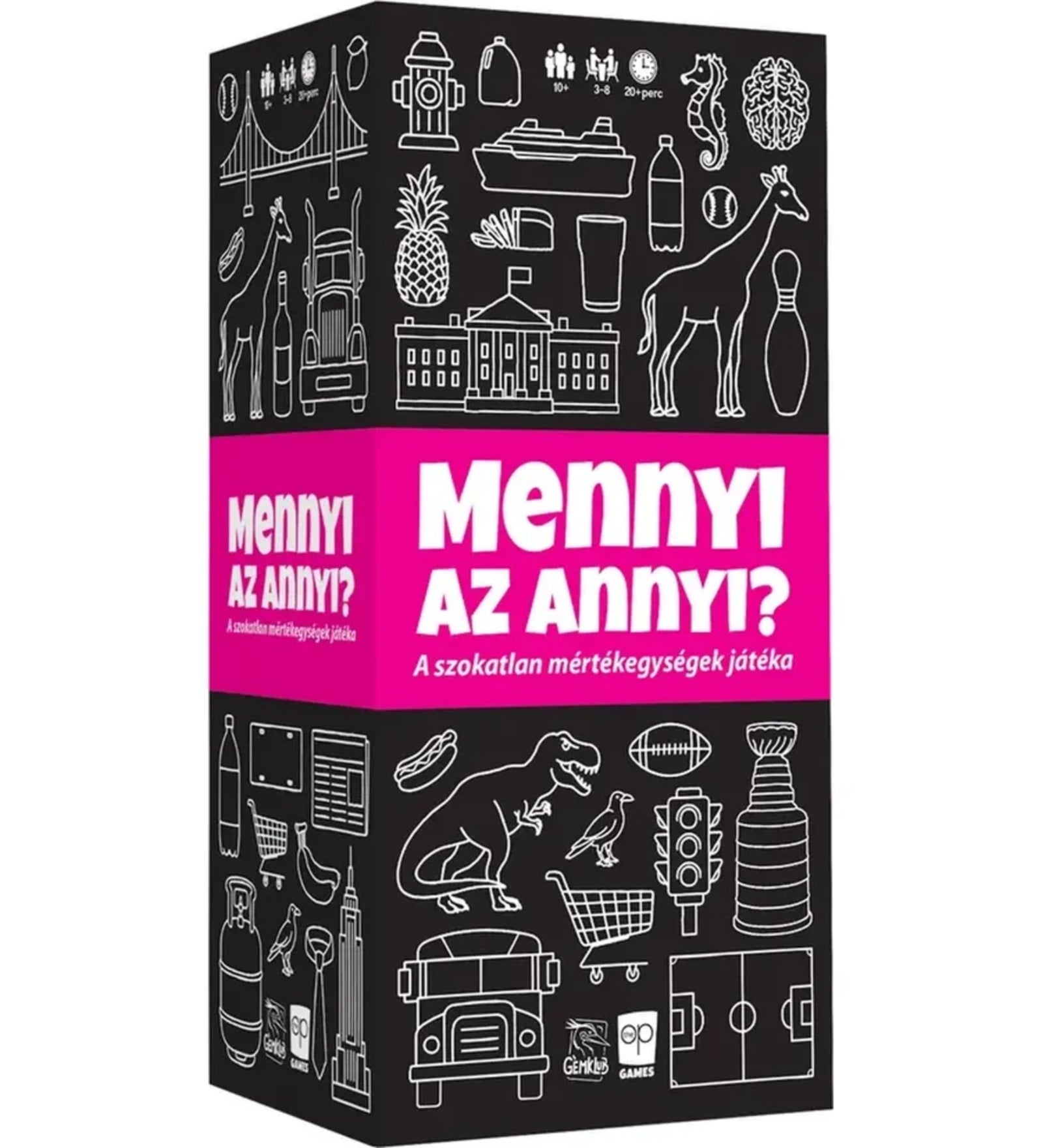 A Mennyi az annyi? társasjáték fekete-rózsaszín doboza ikonokkal és a felirattal: A szokatlan mértékegységek játéka.