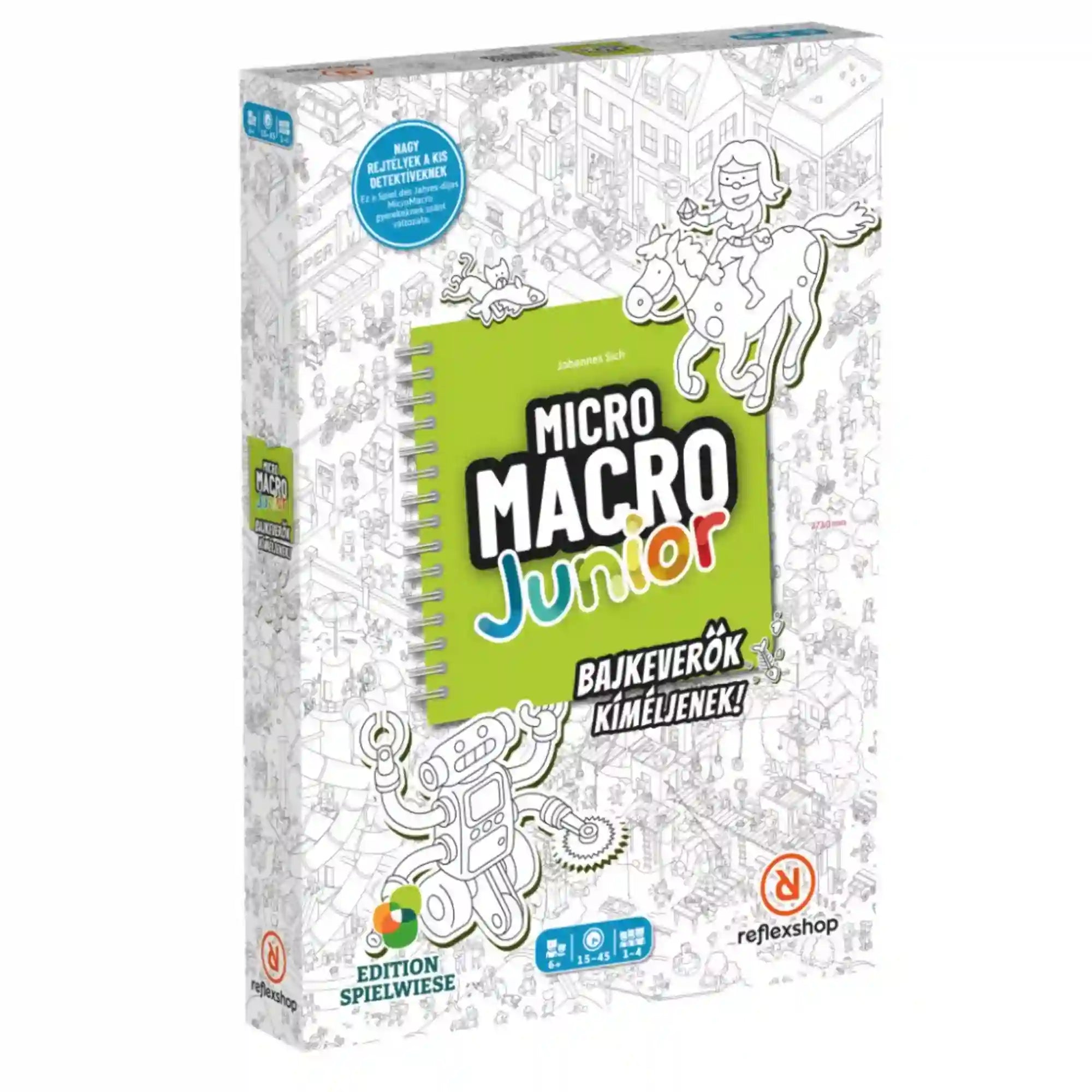 Micro Macro Junior – Bajkeverők, kíméljenek! magyar nyelvű társasjáték fehér doboza, részletes fekete-fehér várostérképpel, zöld logóval és rajzolt figurákkal.