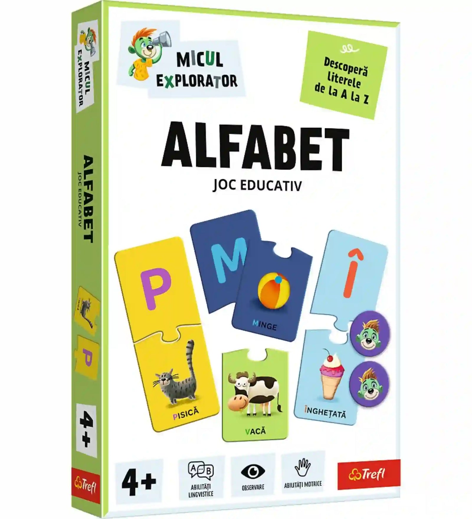 Az Alfabet oktató társasjáték doboza, amely színes betű- és képpárosító puzzle-elemekkel ismerteti meg a gyerekeket az ábécé betűivel. A 4 éves kortól ajánlott fejlesztőjáték játékos feladatokon keresztül fejleszti a betűfelismerést, a szókincset, a megfigyelőképességet és a finommotoros készségeket.