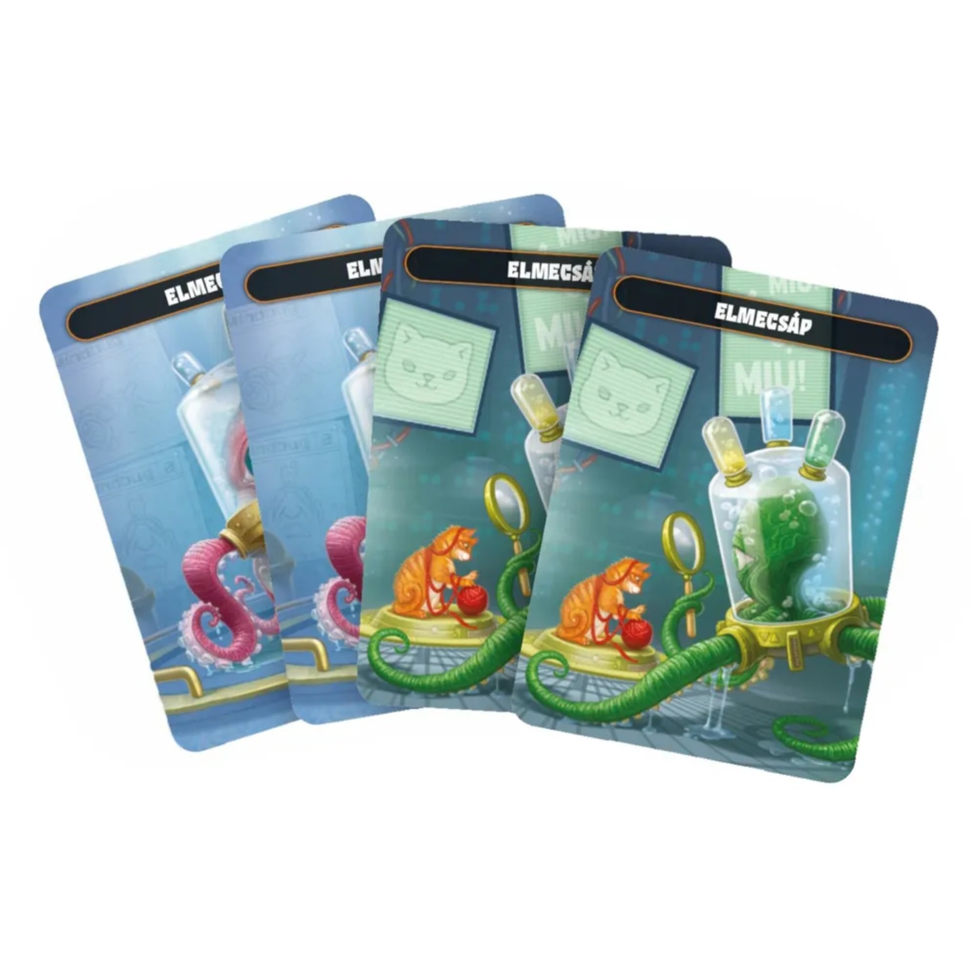 Mindbug – Első találkozás társasjáték lénykártyái legyező alakban, különböző képességekkel, értékekkel és részletgazdag illusztrációkkal