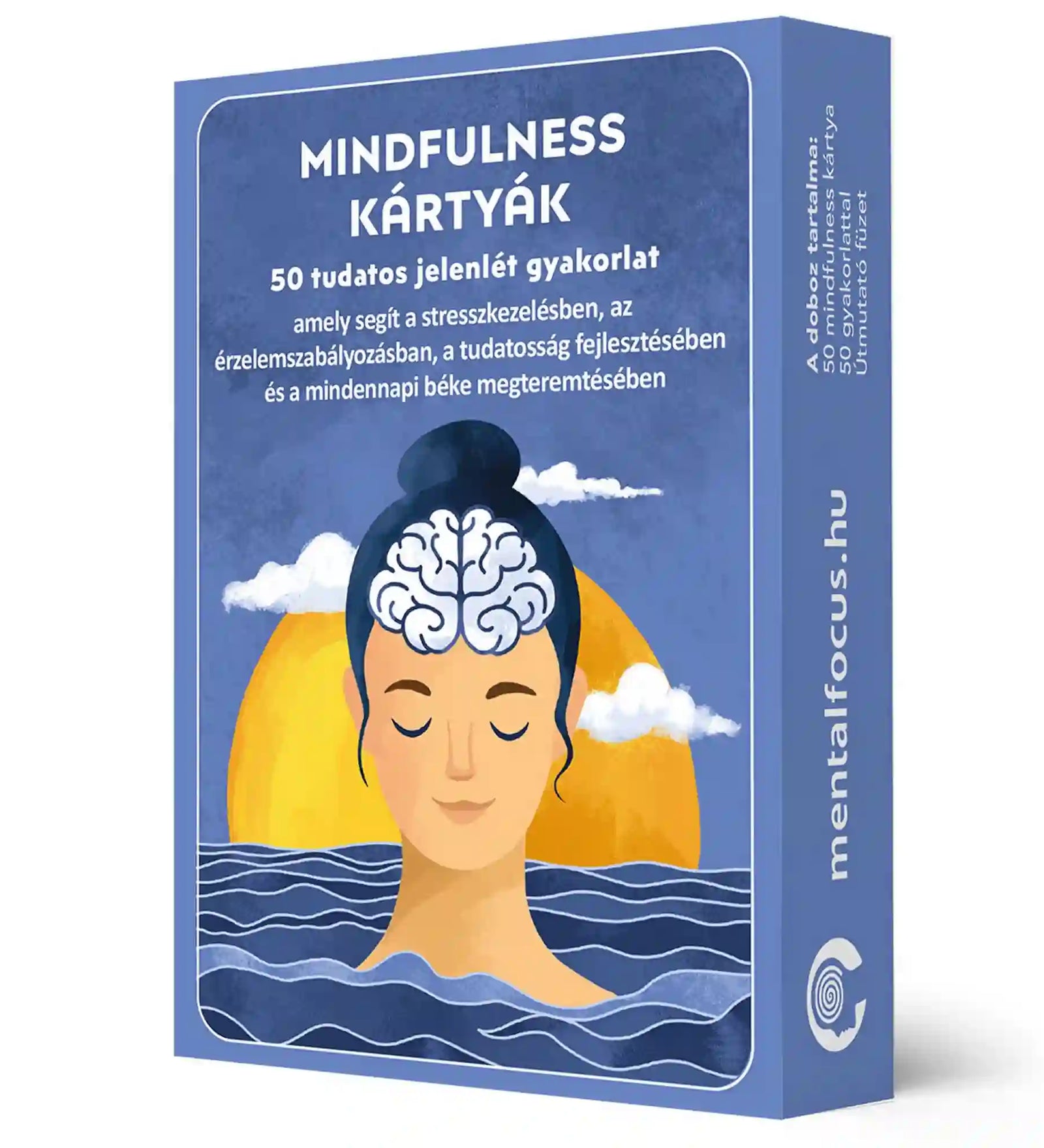 Mindfulness kártyák doboz: Kék színű doboz „Mindfulness kártyák” felirattal, 50 tudatos jelenlét gyakorlatot tartalmazó készlet.