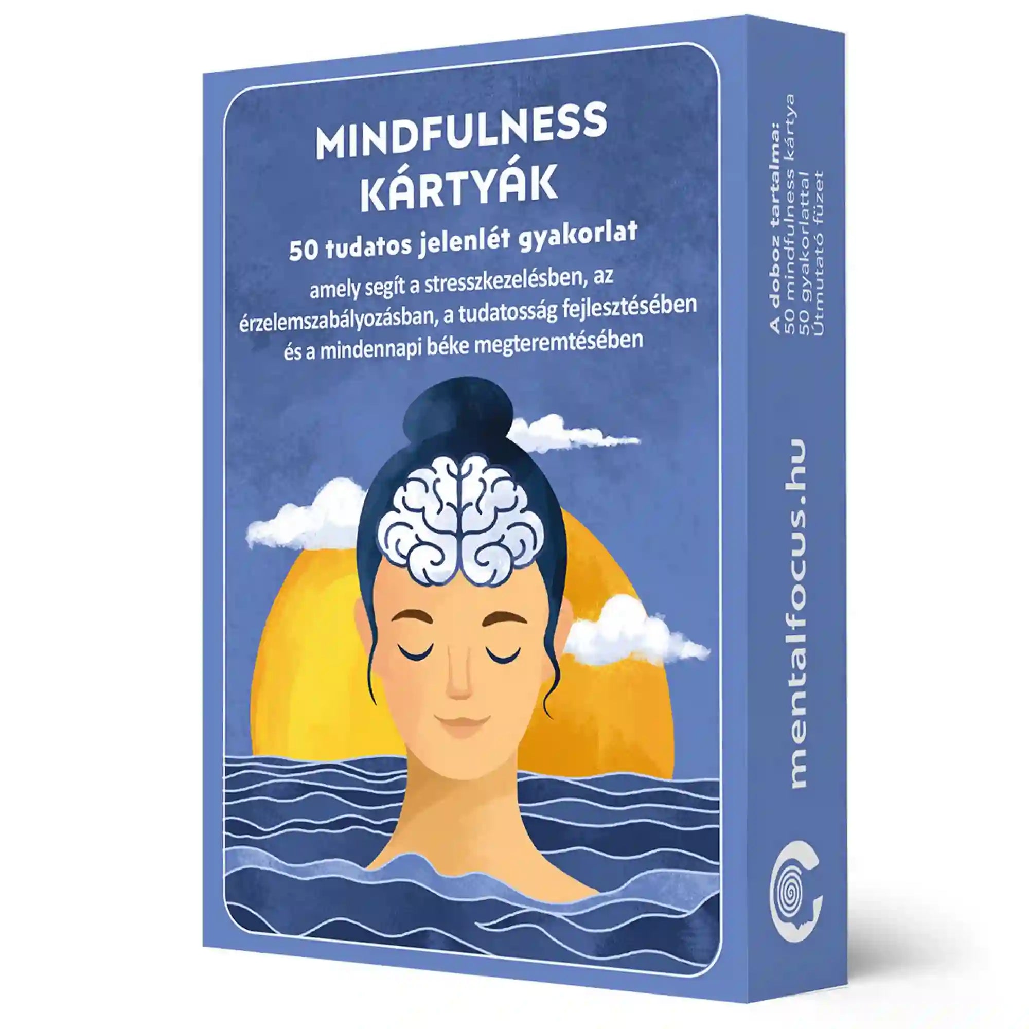 Mindfulness kártyák doboz: Kék színű doboz „Mindfulness kártyák” felirattal, 50 tudatos jelenlét gyakorlatot tartalmazó készlet.