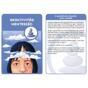 Mindfulness kártyák – Reaktivitás mentesség és felhők gyakorlat kártyák: Kék kártyapár felhőkkel és arccal, a gondolatok elengedésének vizualizációjával.