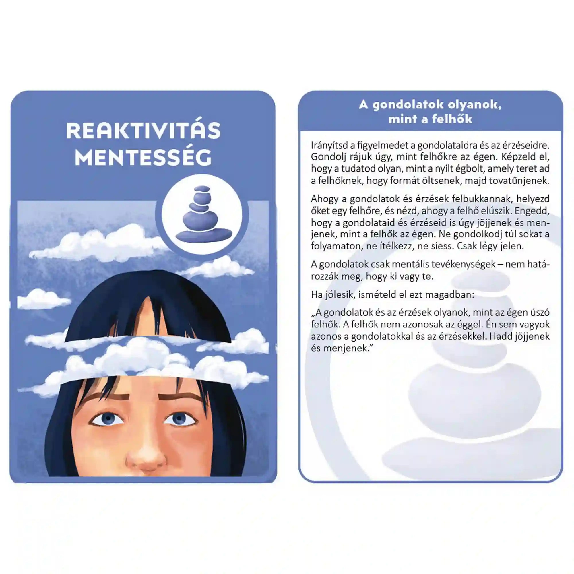 Mindfulness kártyák – Reaktivitás mentesség és felhők gyakorlat kártyák: Kék kártyapár felhőkkel és arccal, a gondolatok elengedésének vizualizációjával.