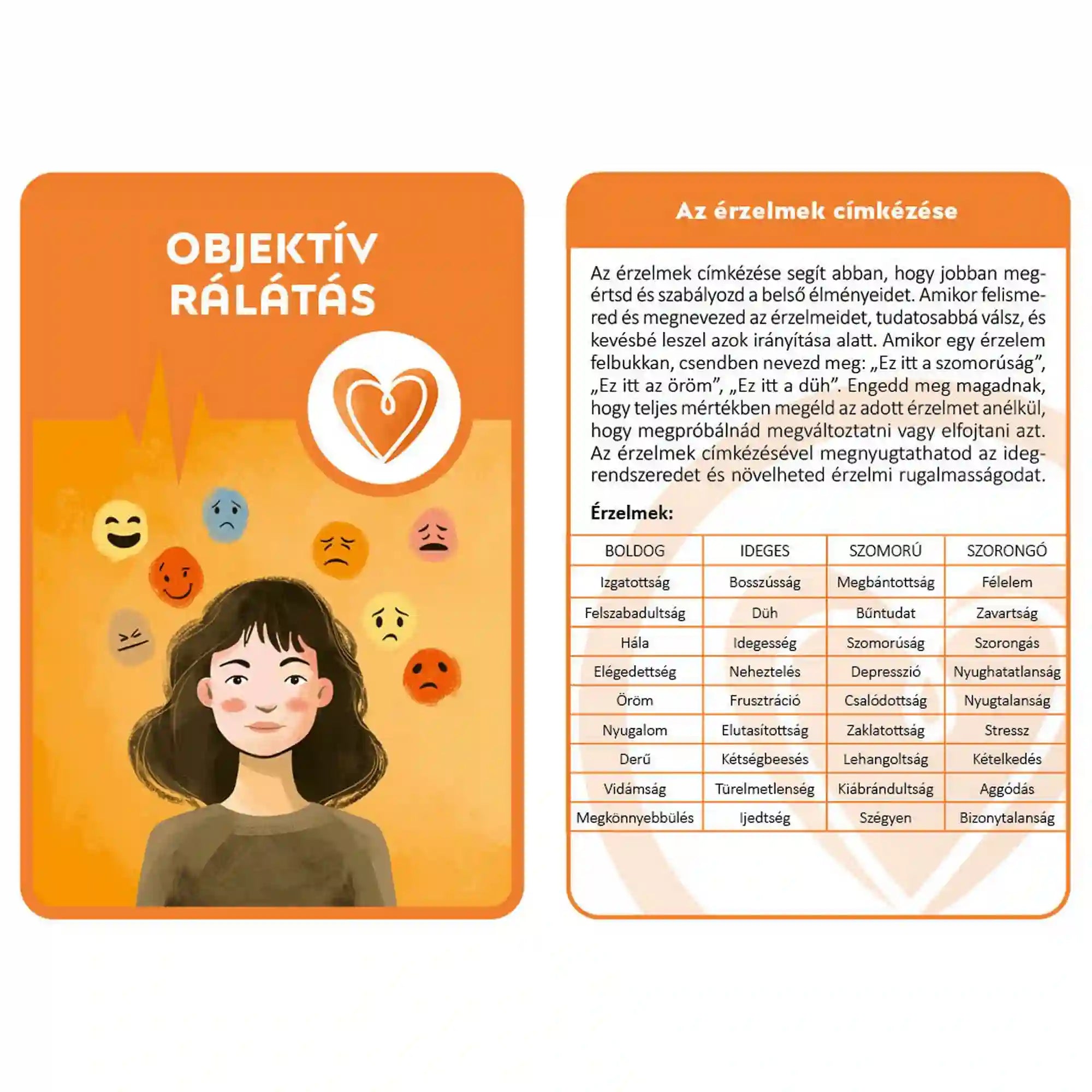 Mindfulness kártyák – Objektív rálátás és érzelmek címkézése kártyák: Narancssárga kártyapár különböző érzelmekkel és táblázattal, az érzelmek felismerésének és megnevezésének segítésére.