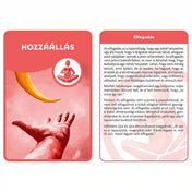 Mindfulness kártyák – Hozzáállás és elfogadás kártyák: Piros kártyapár kéz és hold illusztrációval, az elfogadás és belső hozzáállás erősítésére.