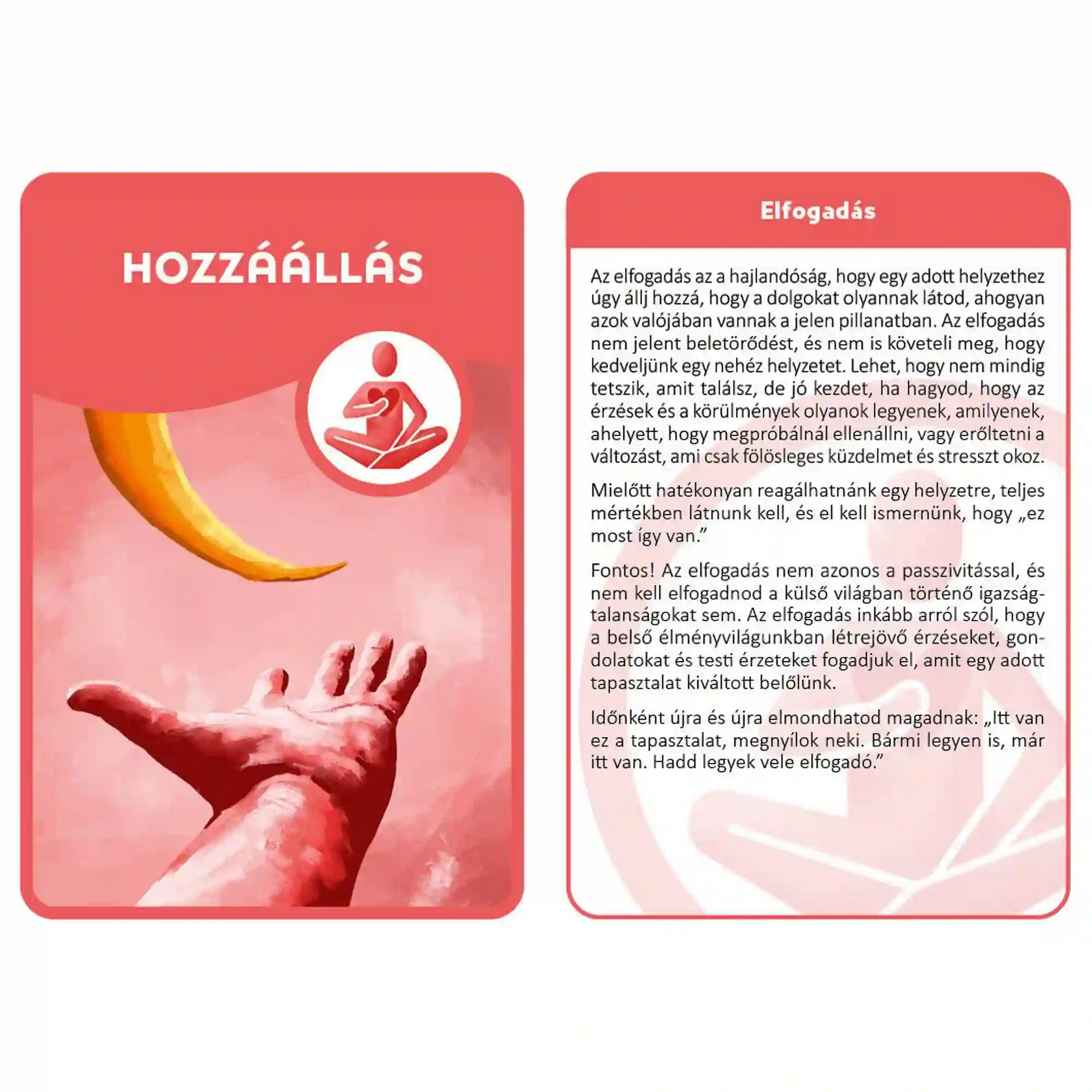 Mindfulness kártyák – Hozzáállás és elfogadás kártyák: Piros kártyapár kéz és hold illusztrációval, az elfogadás és belső hozzáállás erősítésére.