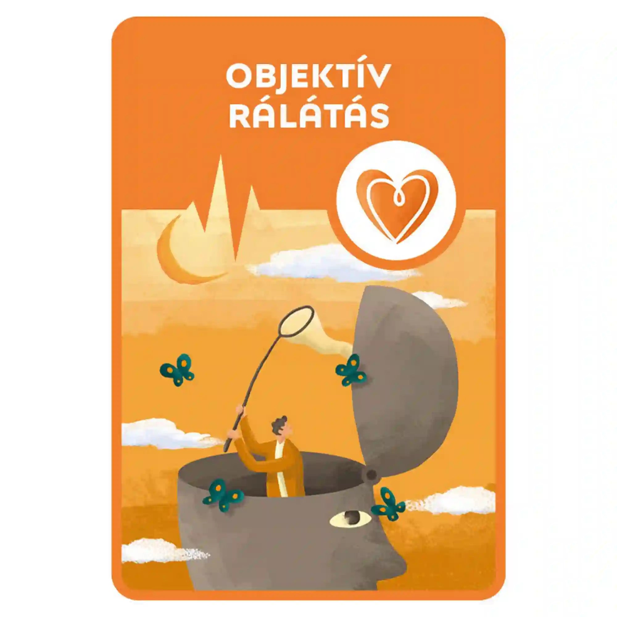 Mindfulness kártyák – Objektív rálátás kártya: Narancssárga kártya „Objektív rálátás” felirattal, fejéből kiemelkedő figurával és hálóval, a gondolatok megfigyelésének szimbólumával.