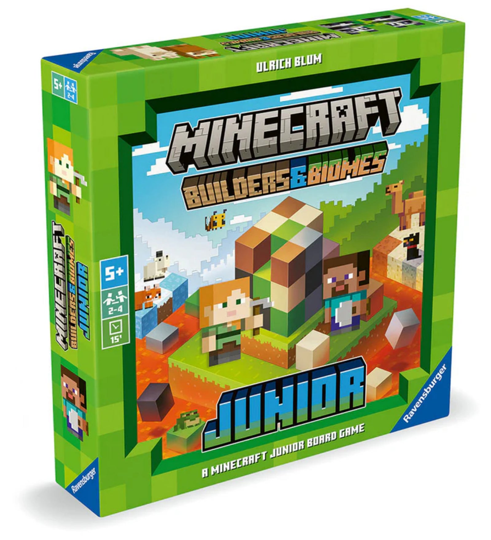 A képen a Minecraft Builders & Biomes Junior társasjáték doboza látható, amely a népszerű Minecraft világát hozza el a kisebb gyerekek számára. A doboz élénk zöld színű, pixeles dizájnnal díszített, amely hűen tükrözi a Minecraft vizuális stílusát. A borítón két ikonikus karakter, Steve és Alex szerepelnek, valamint különféle Minecraft lények, például méh, teve és lávakocka, amelyek izgalmas kalandokat sejtetnek.
